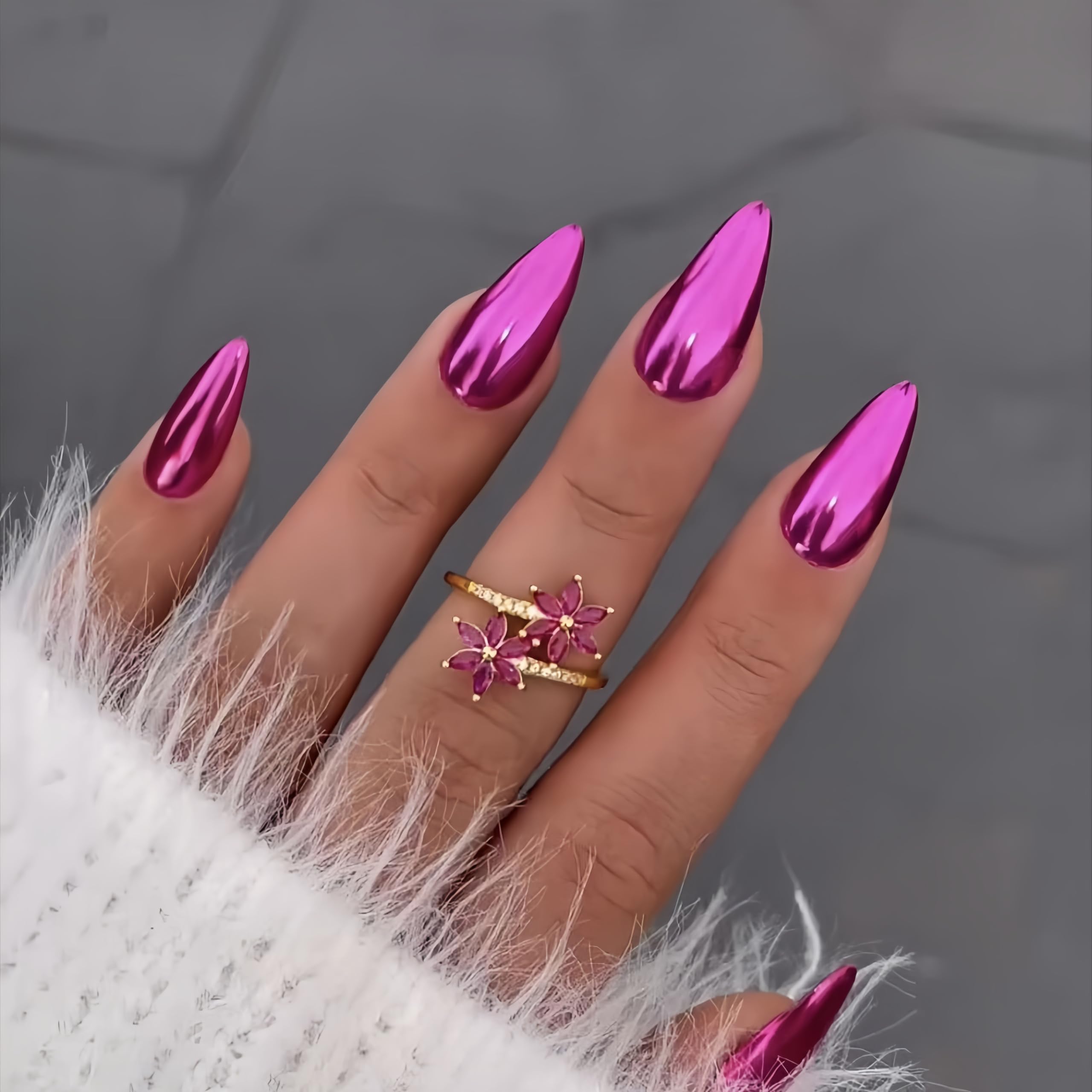 Metallic Purple False Nails Almond, SXVME Chrome Press On Nails Medium, Glazed Shine Fake Nails with Mirror Effect