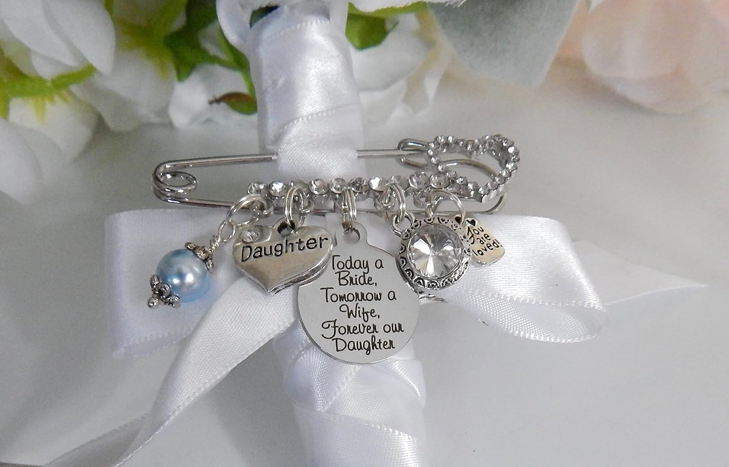 Bridal Something Blue Wedding Pin Brooch, Garter, Bride Gift, Charm Jewelry, Bachelorette Party, Bridal Shower, Wedding Keepsake, Daughter From Mom and Dad Today a Bride