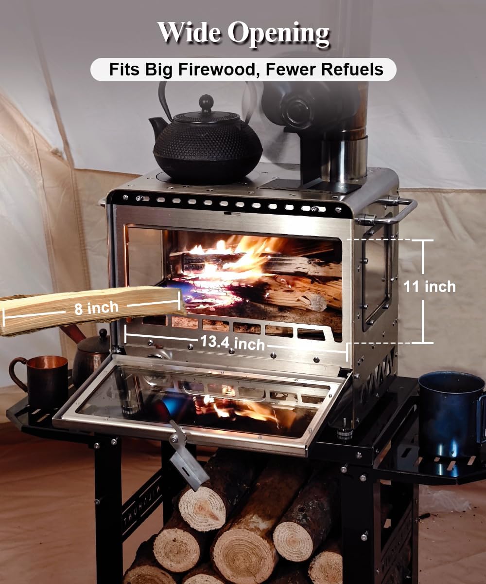 TOMOUNT Hot Tent Stove,Wood Stove with Frame Base,with 7 Chimney Pipes,304 Stainless Steel with heat-resistant Glass Window