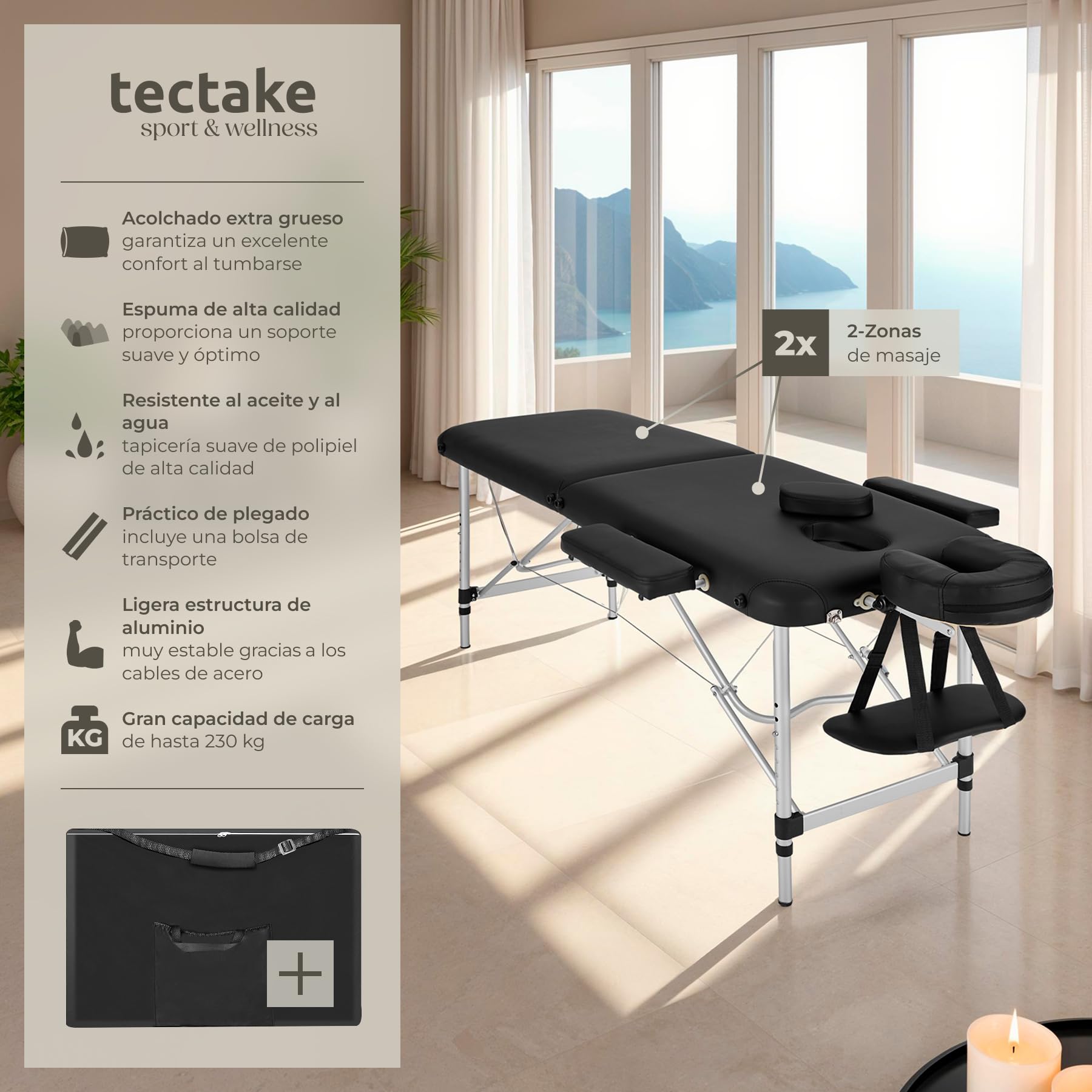 tectake® Camilla Masaje Plegable, Camilla Profesional Fisioterapia, Quiromasaje, Tatuajes, Reiki, Camilla Estética Profesional de Aluminio, Ajustable en Altura, 2 Zonas, con Bolsa Transporte - Negro