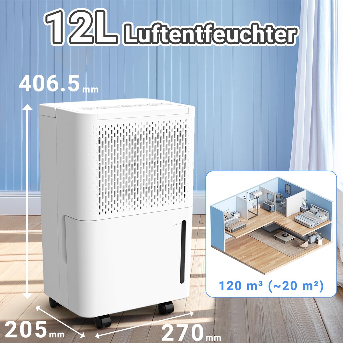 pasapair Dehumidifier-12L in 24h Dehumidification Performance - Electric Dehumidifier for Rooms up to 120 m³ (~20 m²) with 3 Operating Modes, Digital Display, Drain Hose, Timer Against Moisture