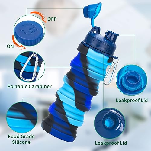 Miniatura 3 de Botellas de agua plegables, paquete de 2 botellas de agua de viaje de silicona de 16 onzas, a prueba de fugas, sin BPA, botellas de agua deportivas