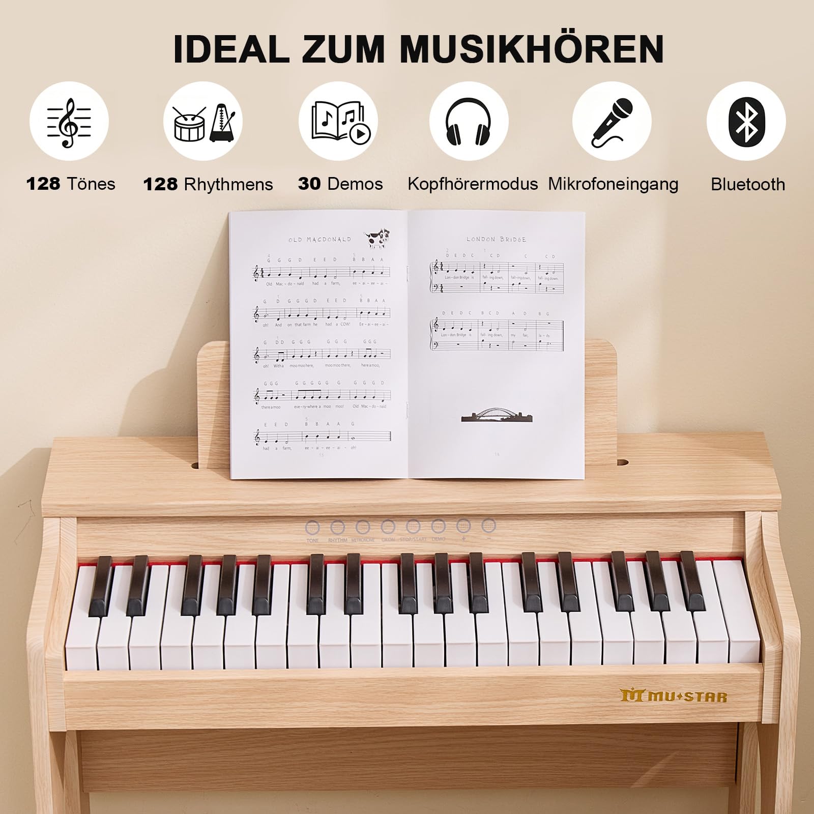 MUSTAR Piano pour Enfants, Piano numérique à 37 Touches pour Enfants, avec Banc de Piano, recueil de chansons, Autocollants et Housse de Protection, Filles et garçons, Chêne