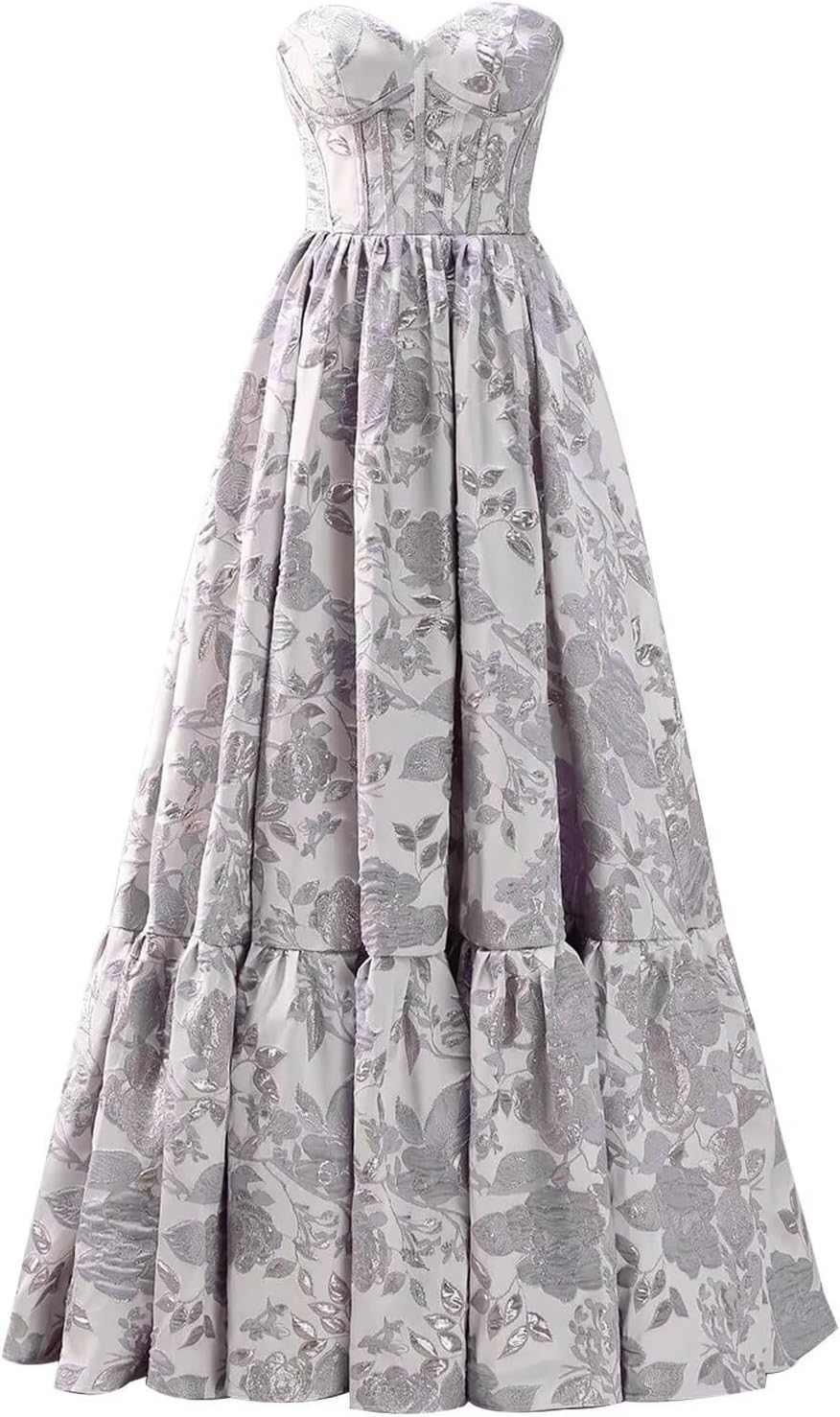 Mollyevers Satin Floral Jacquard Prom Dresses for Women Strapless Corset Long Formal Evening Gowns with Pockets