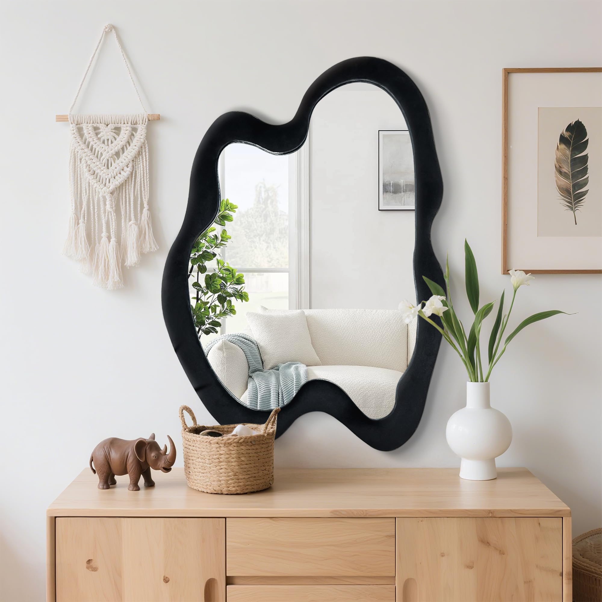 irregular wall mirror asymmetrical mirror, black wavy mirror with flannel frame, decorative wall mirror for bedroom, livingroom, entryway, 20"x 28"