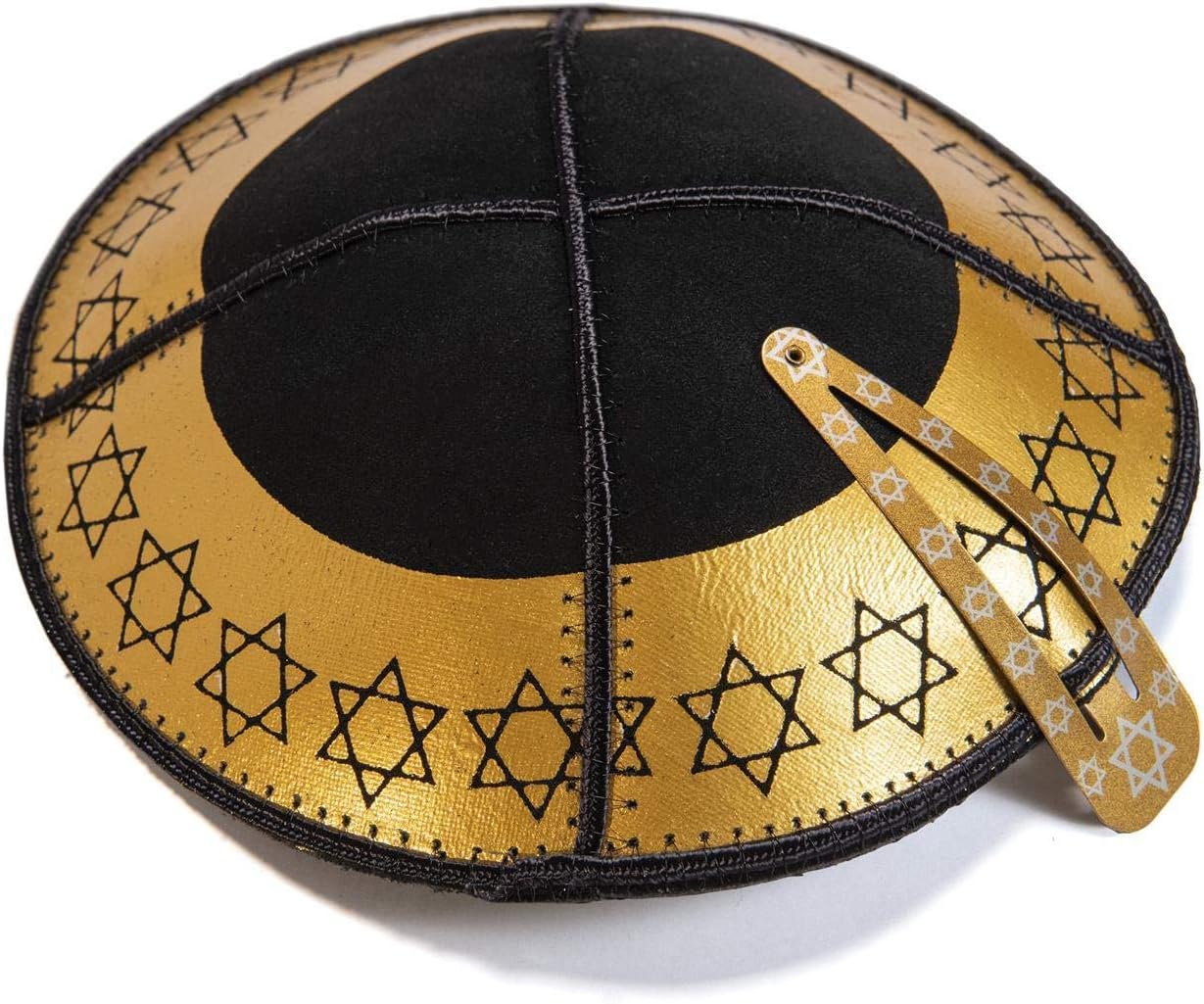 Adult Jewish Leather Gold Star Of David Kipa Kippah Yarmulke Head Cap Synagogue, Black, 16 cm