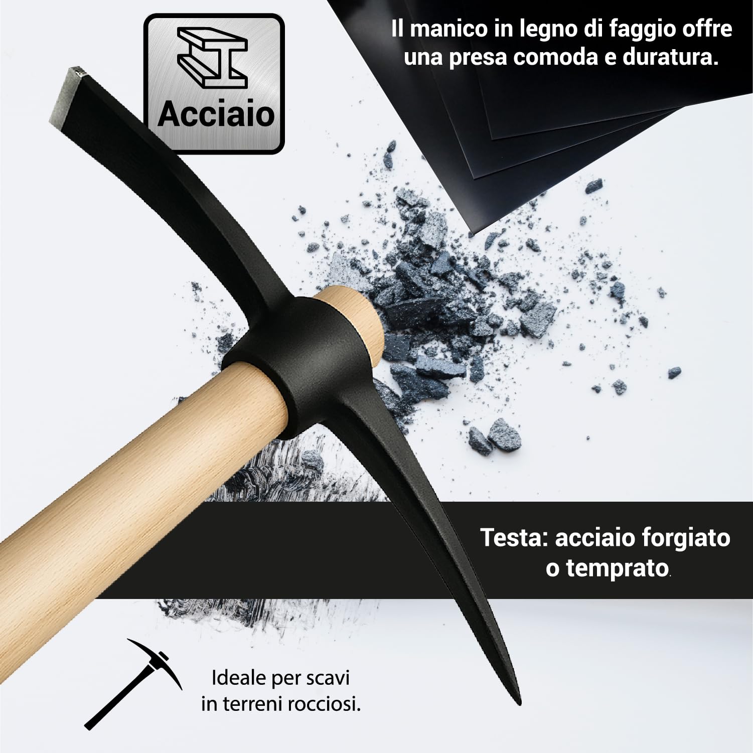 Crisalide® Set d'outils Pelle et Picone – Pelle en acier renforcé 40 x 29 cm avec poignée hêtre 135 cm + pic 47 cm en acier trempé – outils de creusement résistants pour sols durs et rocheux.