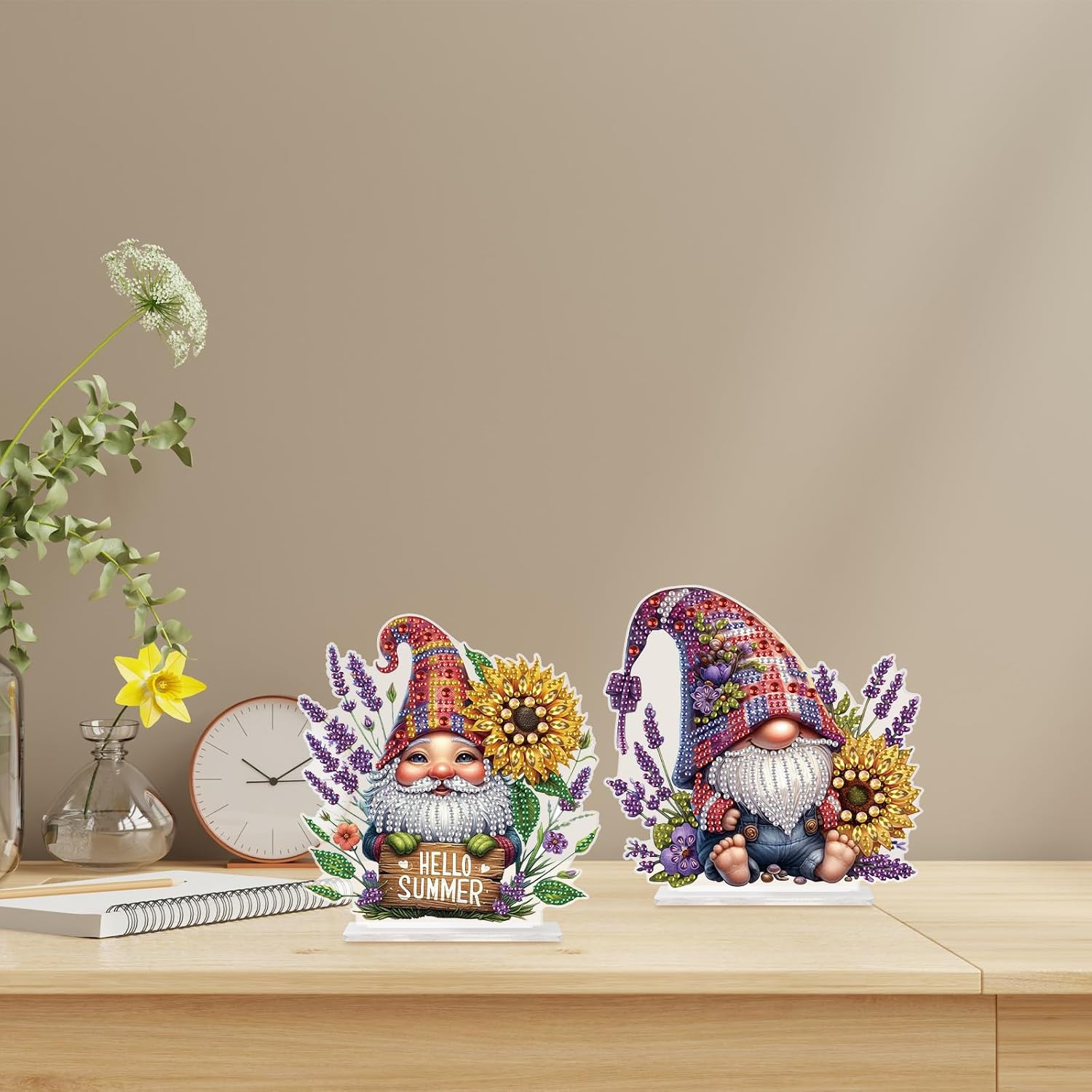 antor 2 Pack 5D Diamond Painting Desktop Ornaments Kit, Sunflower & Lavender Gnome DIY Crystal Rhinestone Diamond Art Ornament, Diamond Art Tabletop Decorations for Home, Office, Adults Craft Gift image 5