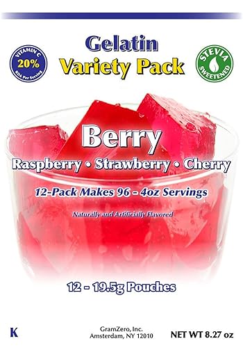 Miniatura 3 de GramZero Berry Variedad (Raspberry, Fresa, Cereza) Mezcla de gelatina sin azúcar, paquete de 12, postre bajo en carbohidratos, Stevia endulzada