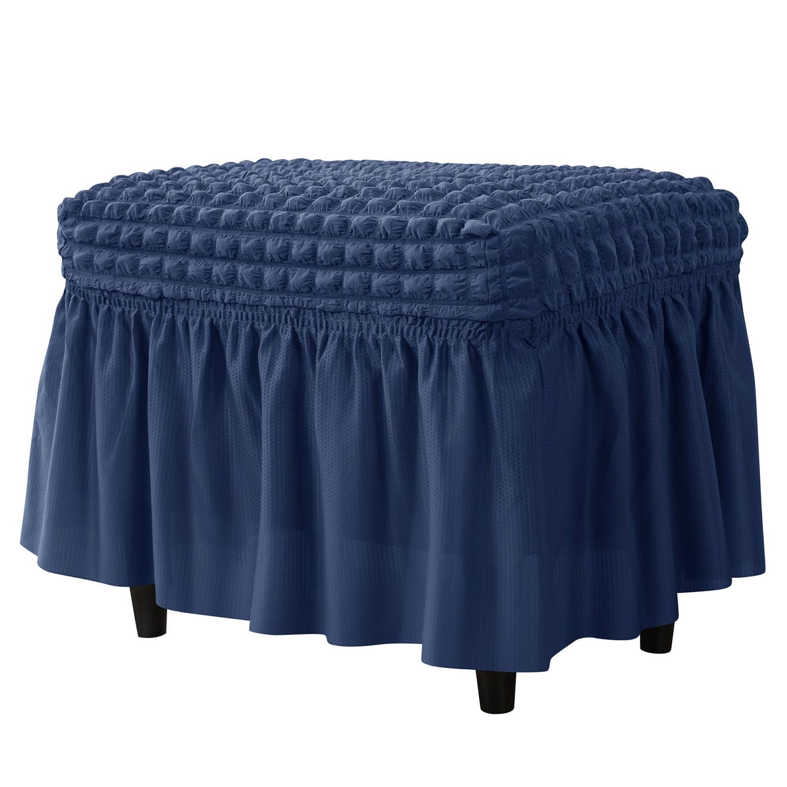 ZRCYXDW Ottoman Cover Rectangle, Seersucker Ottoman Slipcover Stretch Soft Foot Stool Cover with Skirt Footrest Stool Cover Washable for Pets Living Room-Dark Blue-Small