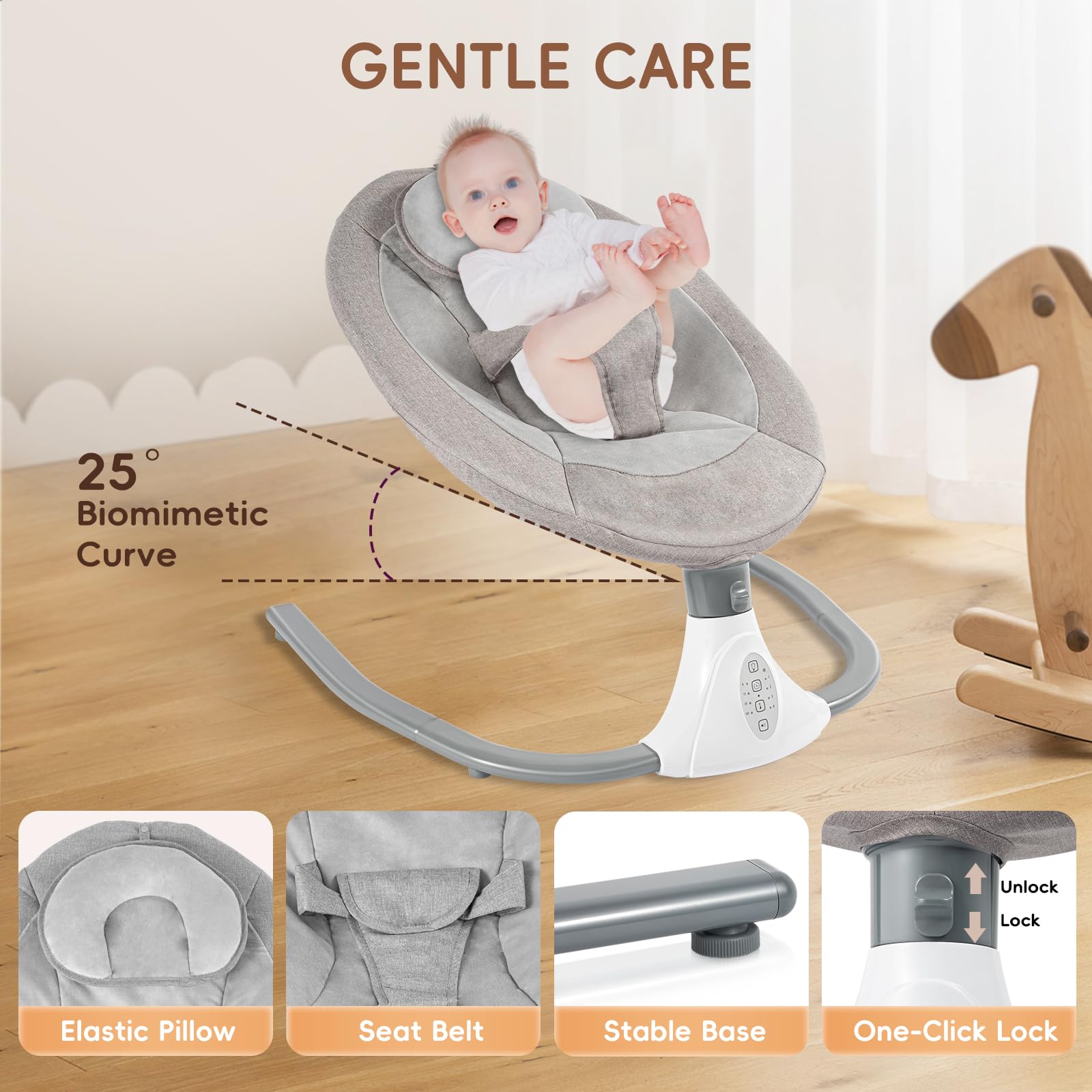 Babywippe Elektrisch 0–18 Monate, 4 Stufen, bis 18 kg, Grau