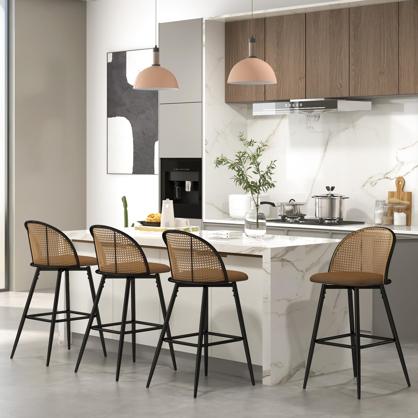 TYBOATLE Bar Stools Set of 4 Rattan Swivel 29" Height Barstools for Kitchen Counter Island Mid Century Modern Boho Bar Stool Chairs with Metal Legs