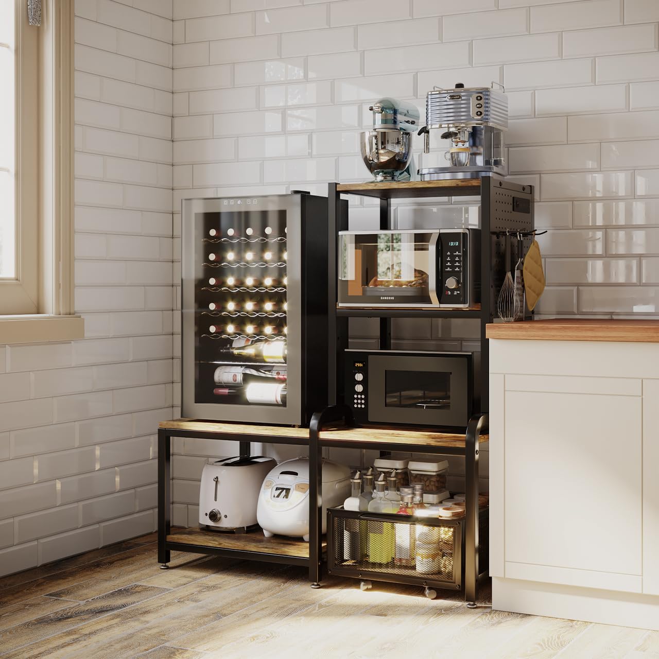 Mini Fridge Stand with Storage,Mini Fridge Cabinet,Bakers Rack with Power Outlet,Coffee Bar Cabinet,Microwave Oven Stand Rack with Large Capacity Basket for Dorm Home Office s1