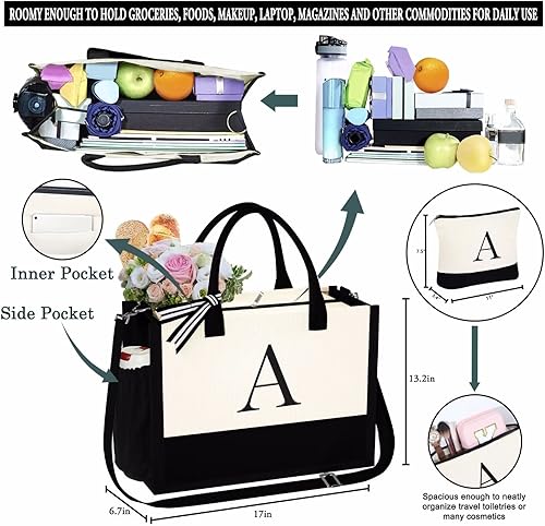 Miniatura 2 de Regalos para mujeres Bolsa de lona con inicial y bolsa de maquillaje con correa ajustable, regalos de cumpleaños para mujeres y ella