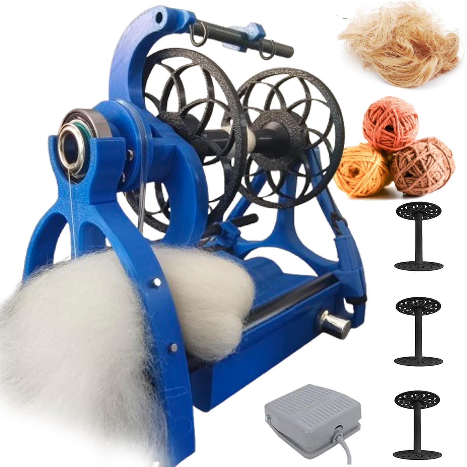 menglanchang Smart Yarn Spinner Machine- Electric Spinning Wheel - 120g Capacity Pet Hair Spinner With Foot switch & 3 Spools,12v Drum Carder- Forward/Reverse Switch,Adjustable Speed,Blue