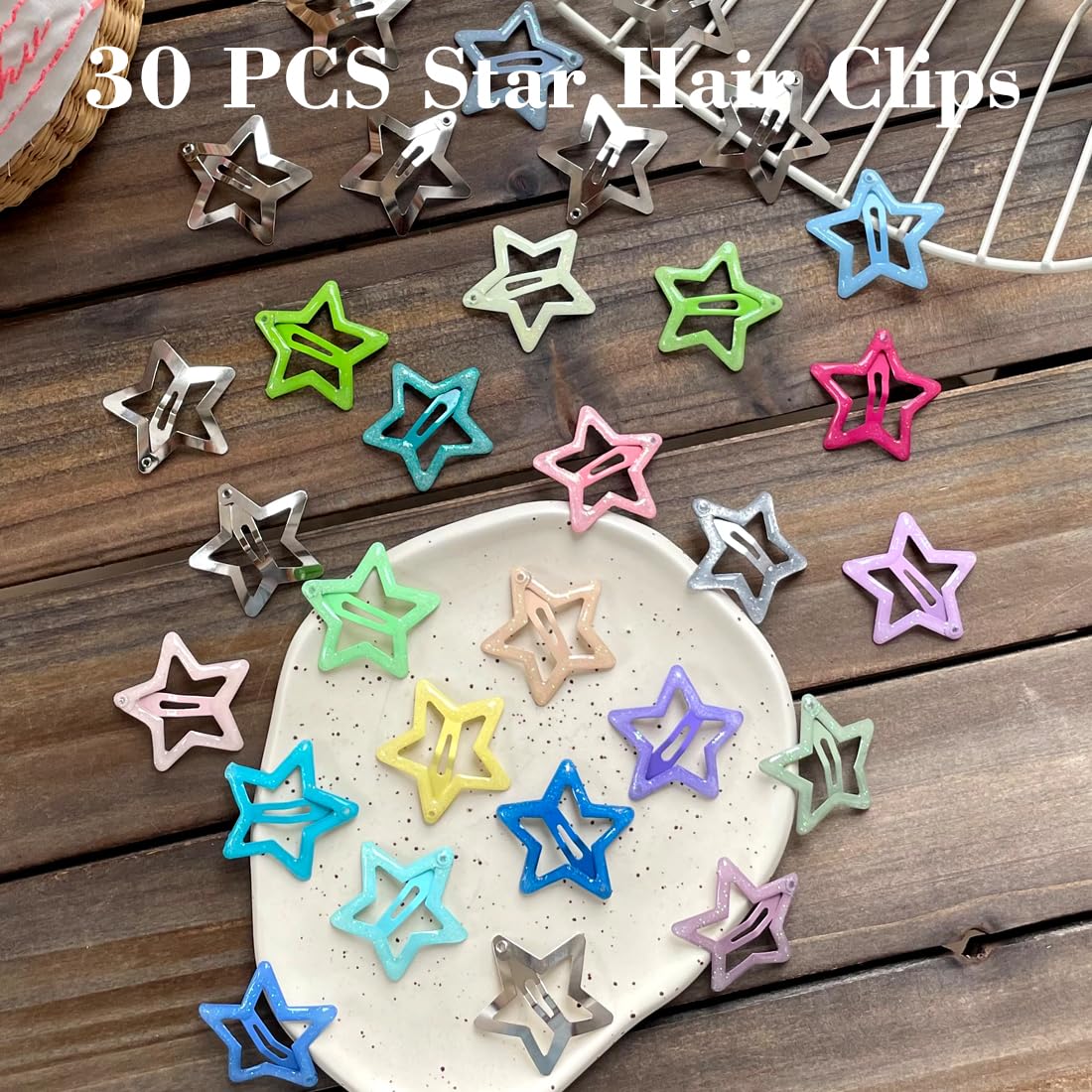 30 pinzas para el cabello con estrellas brillantes de 1.22 pulgadas, clips antideslizantes para niñas y mujeres, clip de metal multicolor, pasadores de pelo de estrella para mujeres 5