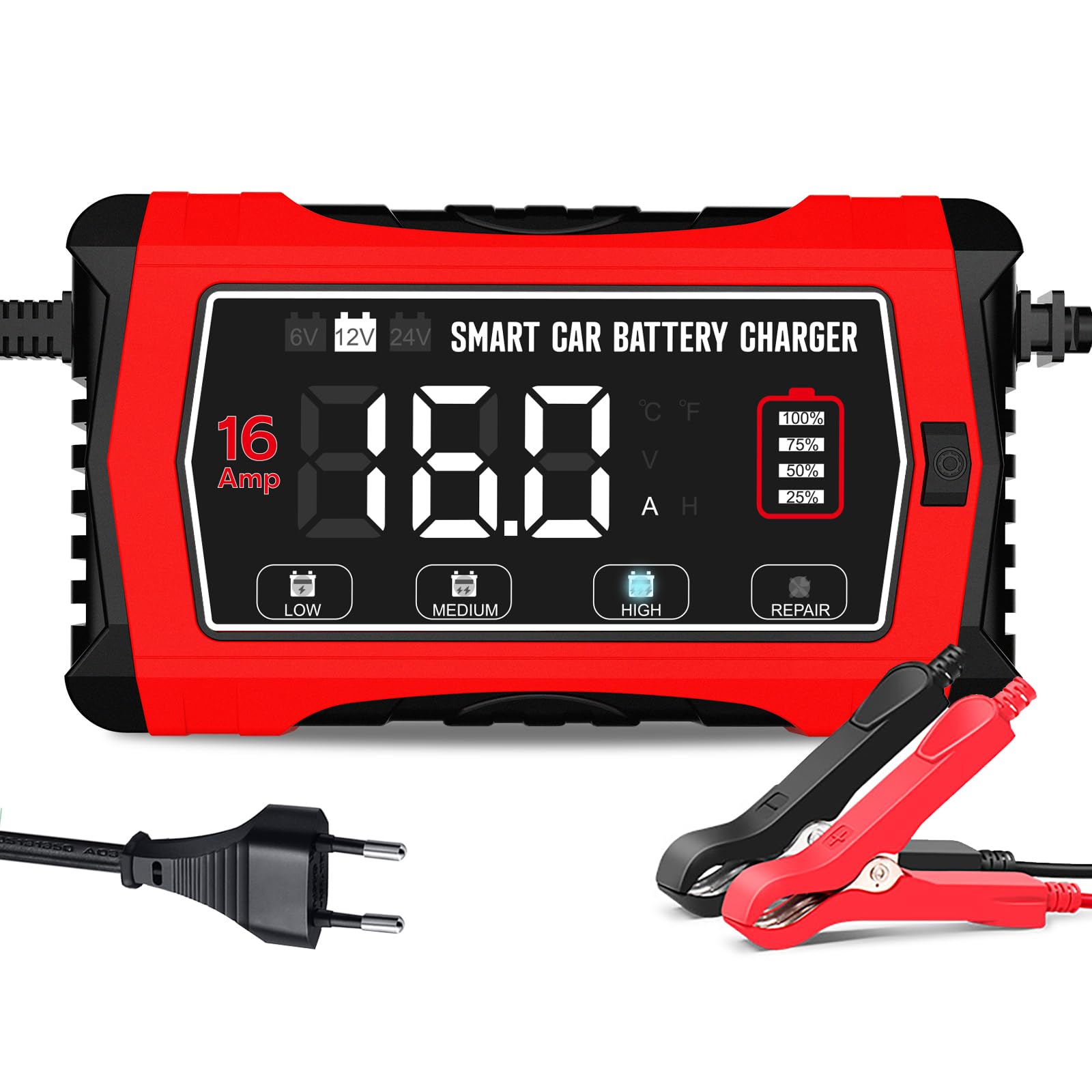 Haisito Caricabatterie per Auto 16A, Caricabatterie Automatico Intelligente 6V/12V/24V per Batterie al Piombo (AGM/GEL/SLA/EFB) e LiFePO4, Mantenitore a 10 Stadi con Schermo LCD per Auto, Moto