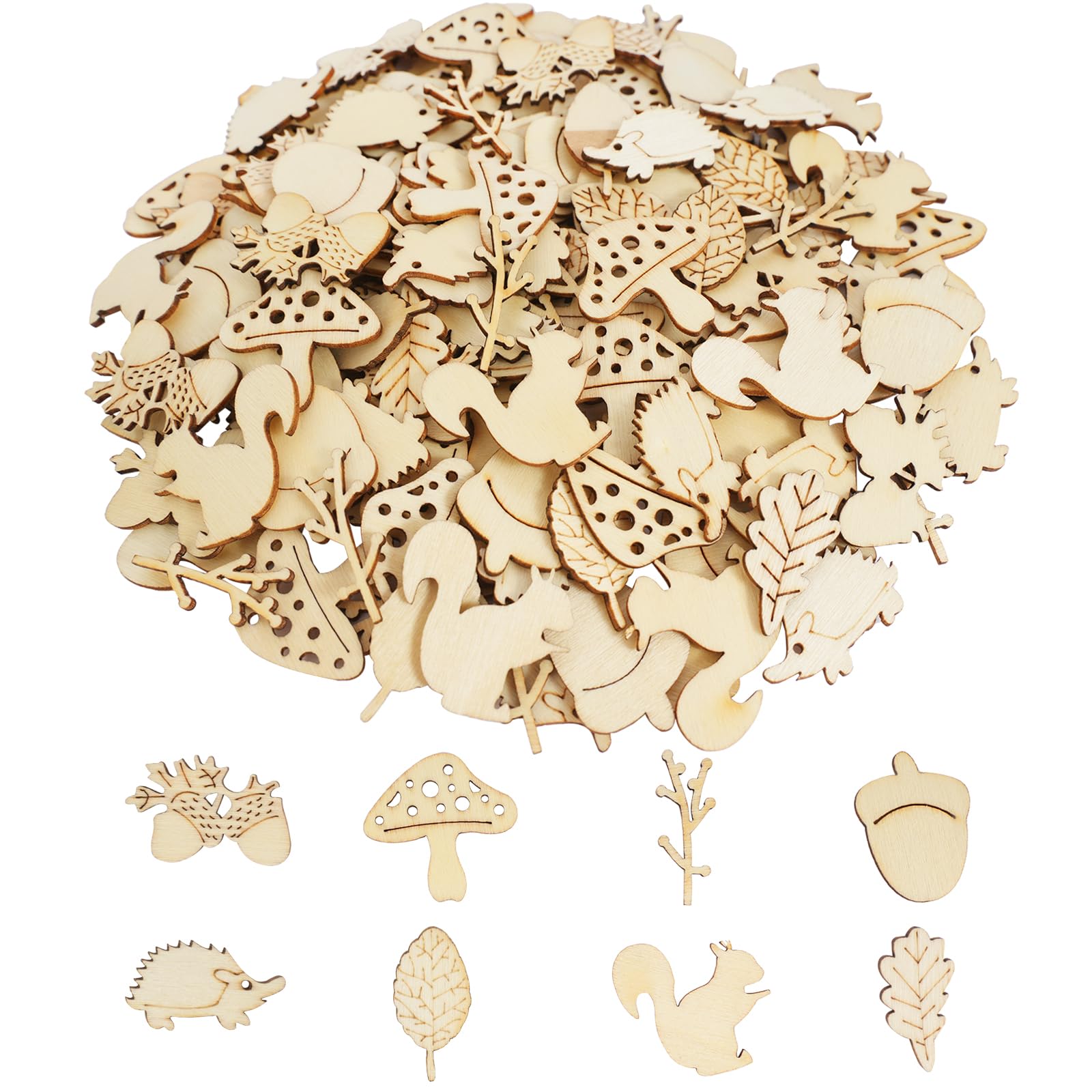 300Pcs Wooden Animal Plants Cutouts, Unfinished Forest Squirrel Mushrooms