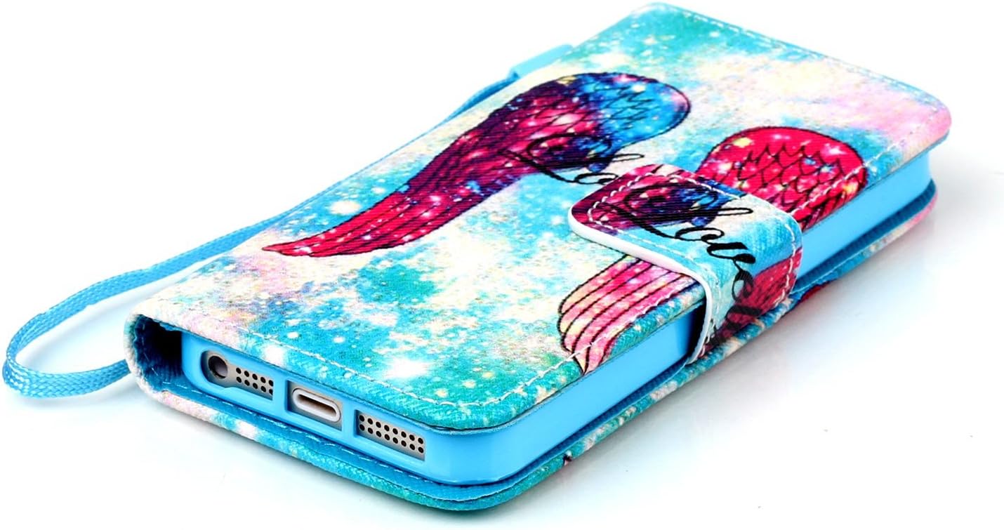 UrSpeedtekLive iPhone 5s Case, iPhone 5 Case, Angelwing Pattern Premium PU Leather Flip Wristlet Wallet Case Cover w/Magnetic Closure for iPhone SE, iPhone 5 / 5s (Built-in Credit Card/ID Card Slot)
