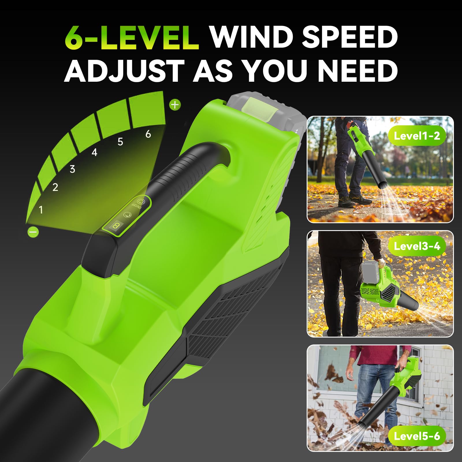 Soplador de batería de 21 V, soplador de hojas inalámbrico con batería de 2 x 4,0 Ah, 6 velocidades, soplador eléctrico sin escobillas para mantenimiento del jardín, pasillo, hojas, polvo y nieve