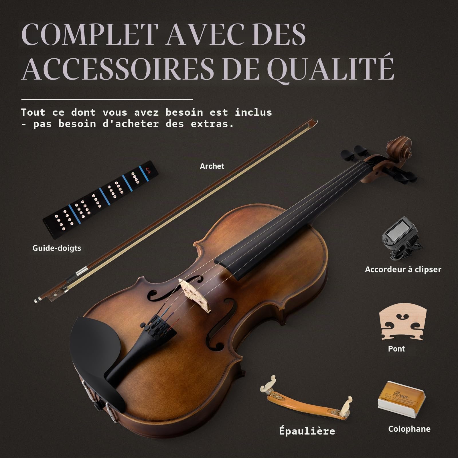 SONICAKE Violon 4/4 Bois Massif Set Complet avec Étui Rigide, Coussin, Colophane, Archets, Tuner Pince & Cordes Supplémentaires