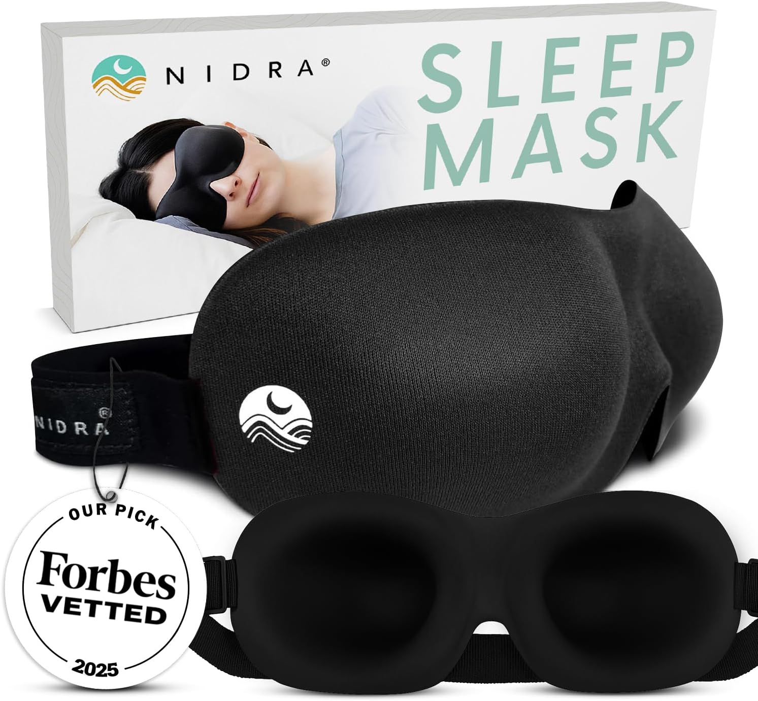 Nidra Premium Quality Sleep Mask - Lightweight & Comfortable - Adjustable Head Strap - Complete Blackout - Silk Material - Black