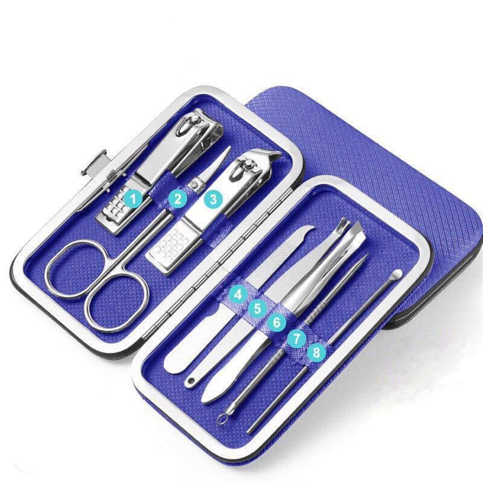 Kit manucure bleu de 8 coupe-ongles en acier inoxydable pour pédicure et soin des ongles