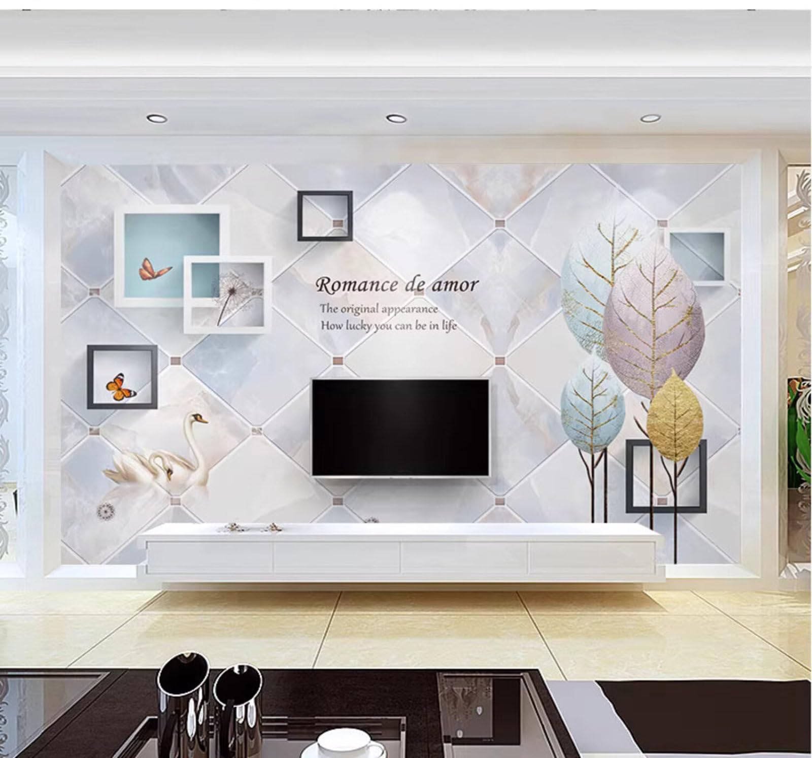Wallpaper-3D-Xlm 350Cm×256Cm(B×H) Contemporary Luxury Geometric Swans Trees Faux Marble 3D Wallpaper Easy Install Feature Office Living Room Sofa Bedroom Tv Background Wall Decoration-350Cm×256Cm