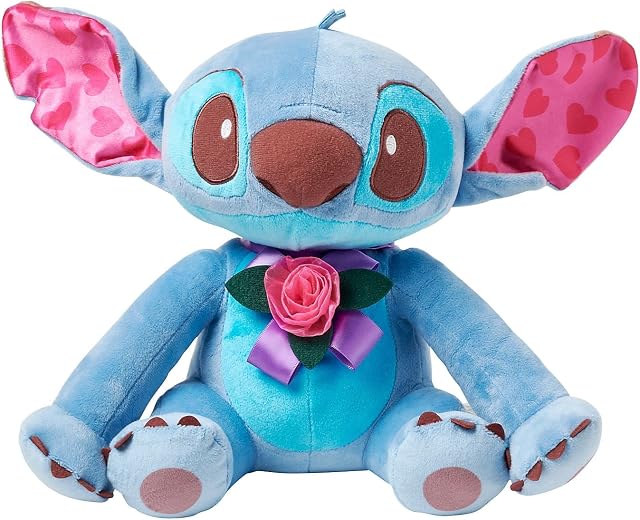Disney Store Official Stitch Sweetheart Medium Soft Toy, Lilo & Stitch, 29cm/11, Valentine's Day Gift, Plush Cuddly Figure, Character with Heart Printed Ears and 3D Flower - Suitable for Ages 0+