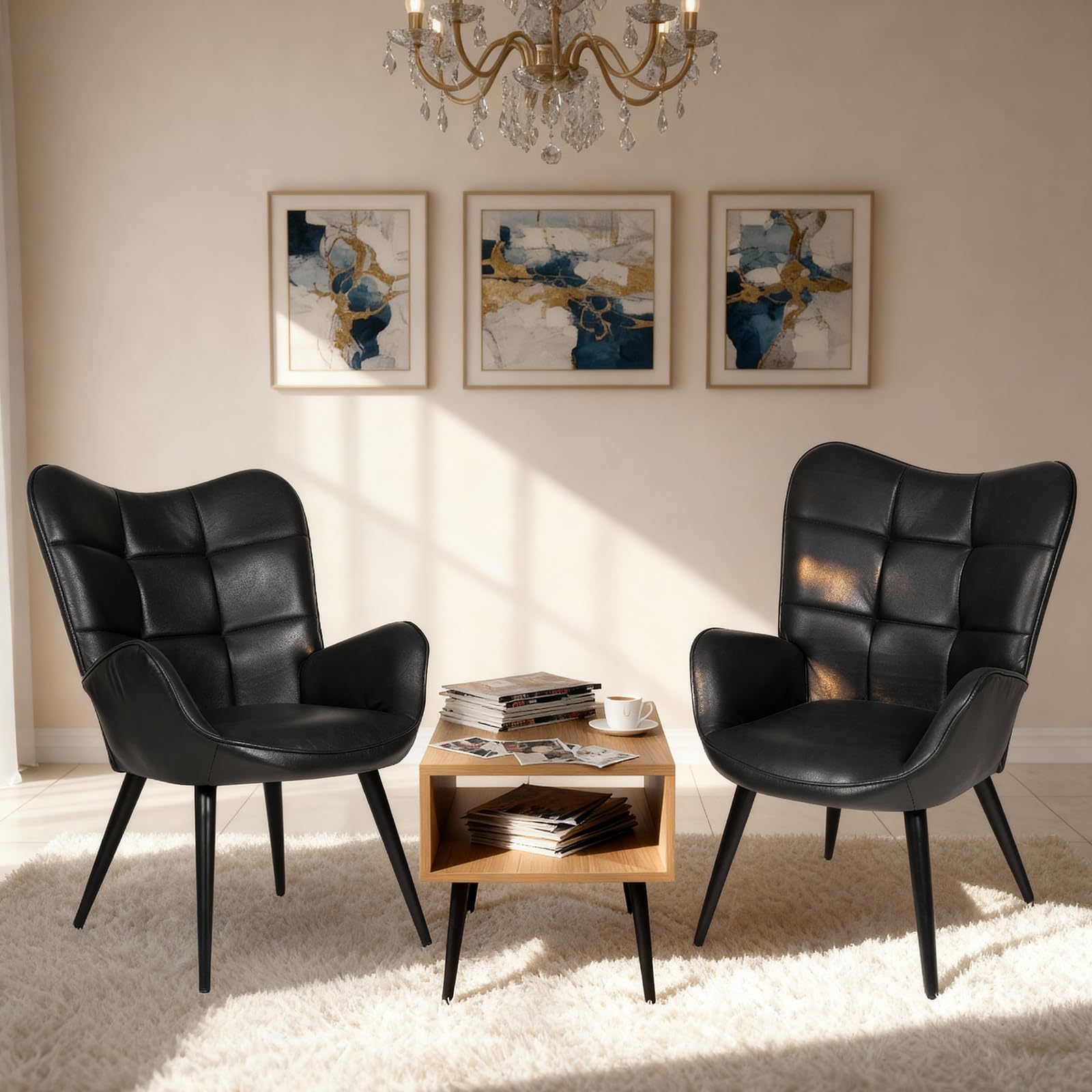Relaxsessel Loungesessel Polstersessel Mit X-Holzrahmen & Wasserdicht, Kunstleder Ohrensessel Lesesessel Bequem Für Wohnzimmer Schlafzimmer Esszimmer Büro, Bis 150kg, Schwarz