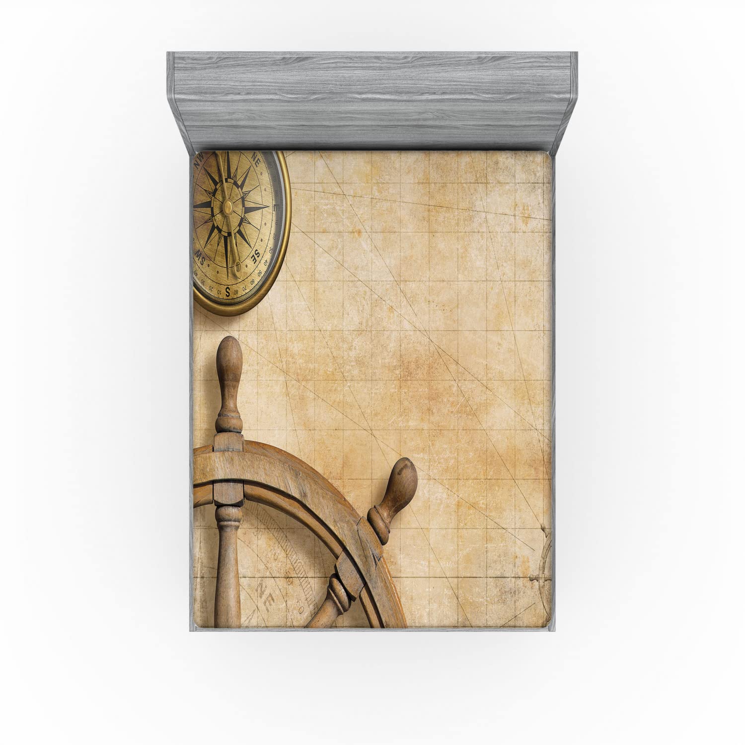 Ambesonne Vintage 2 Pack Fitted Sheet, Wooden Wheel Compass, Bed Cover All-Round Elastic Deep Pockets 2 Pieces, Package Contains 2 Full Size Fitted Sheets, Beige