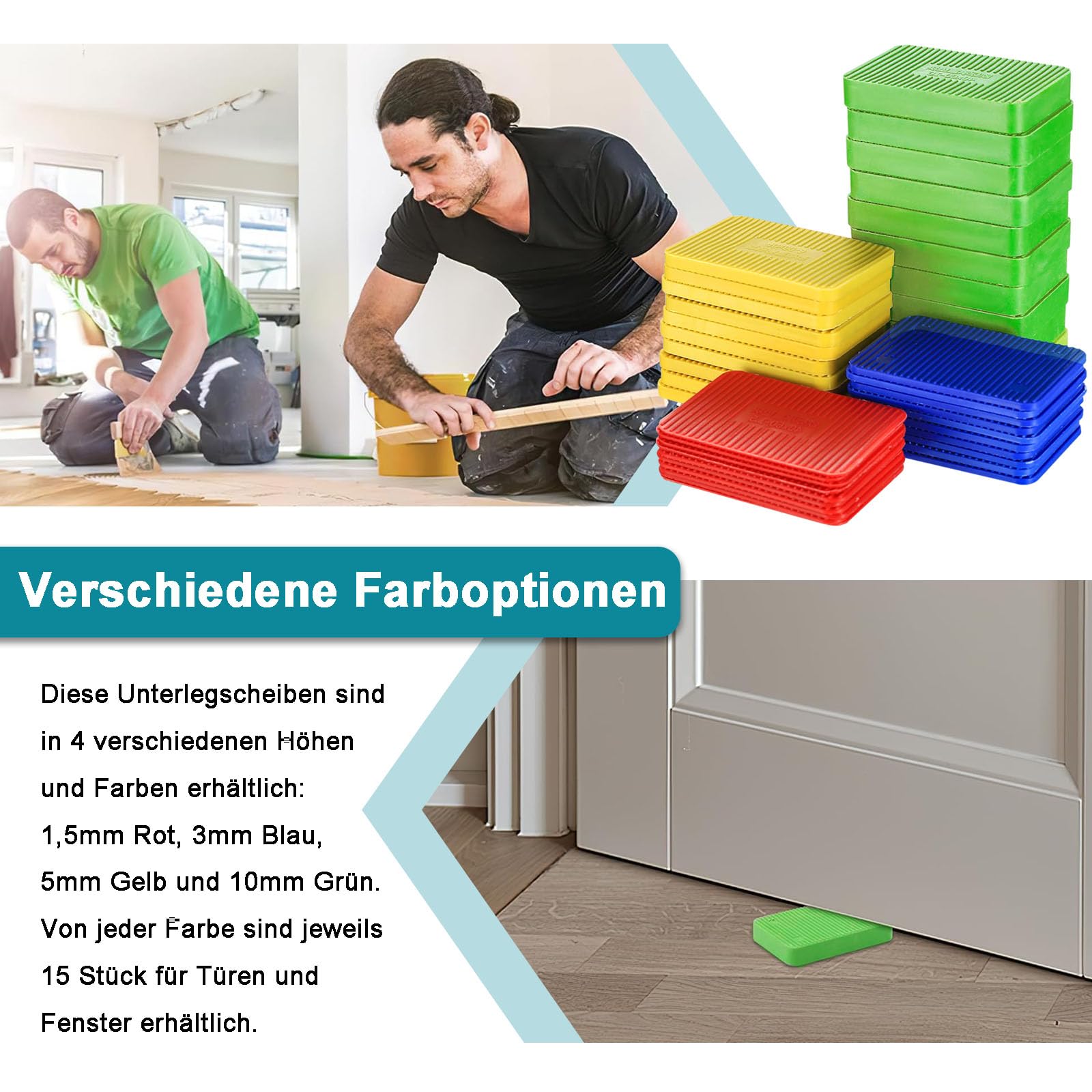 Unterlegplatten Kunststoff, 60 Stück Mehrfarbige Ausgleichsplatten aus Kunststoff, 60x40 mm Möbel Nivellierpads, 4 Stärke 1,5mm,3mm,5mm,10mm Unterlegplatten Sortiment, für Fenster, Türen