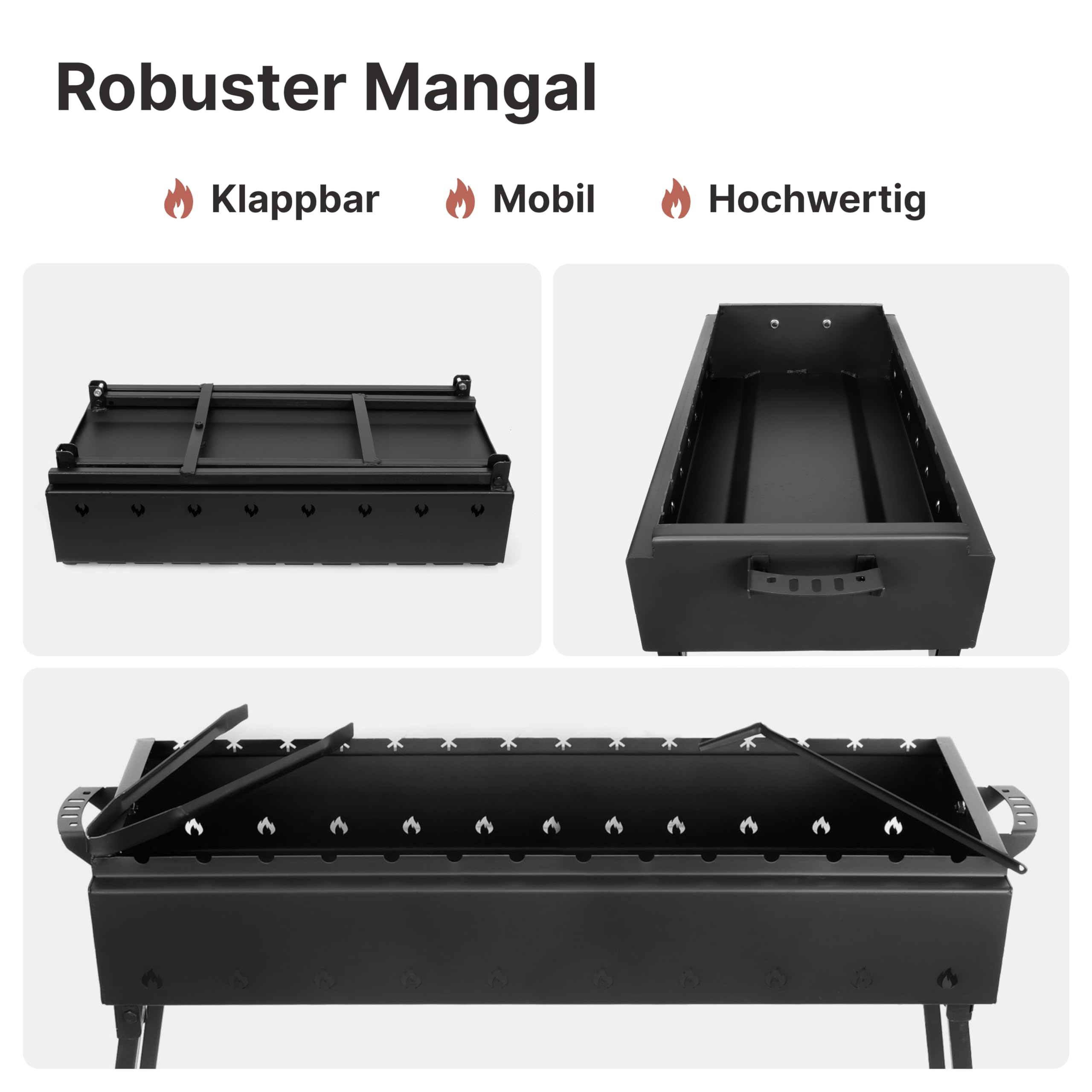 Mangal Klappbar Holzkohlegrill für 14 Spieße 2 mm Stahl 90x33 cm Schaschlik Grill Shashlychnik BBQ Klappgrill Ideal für Garten, Camping & Picknick