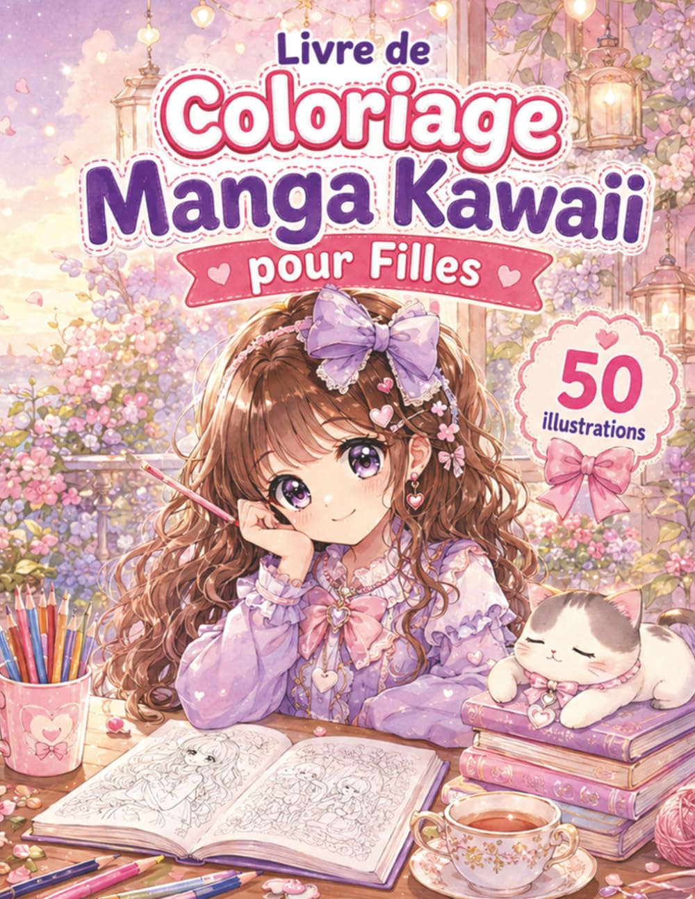 Livre de Coloriage Manga Kawaii pour Filles: 50 dessins adorables à colorier avec personnages manga, scènes cosy, animaux mignons et moments relaxants pour enfants, ados et fans du style japonais