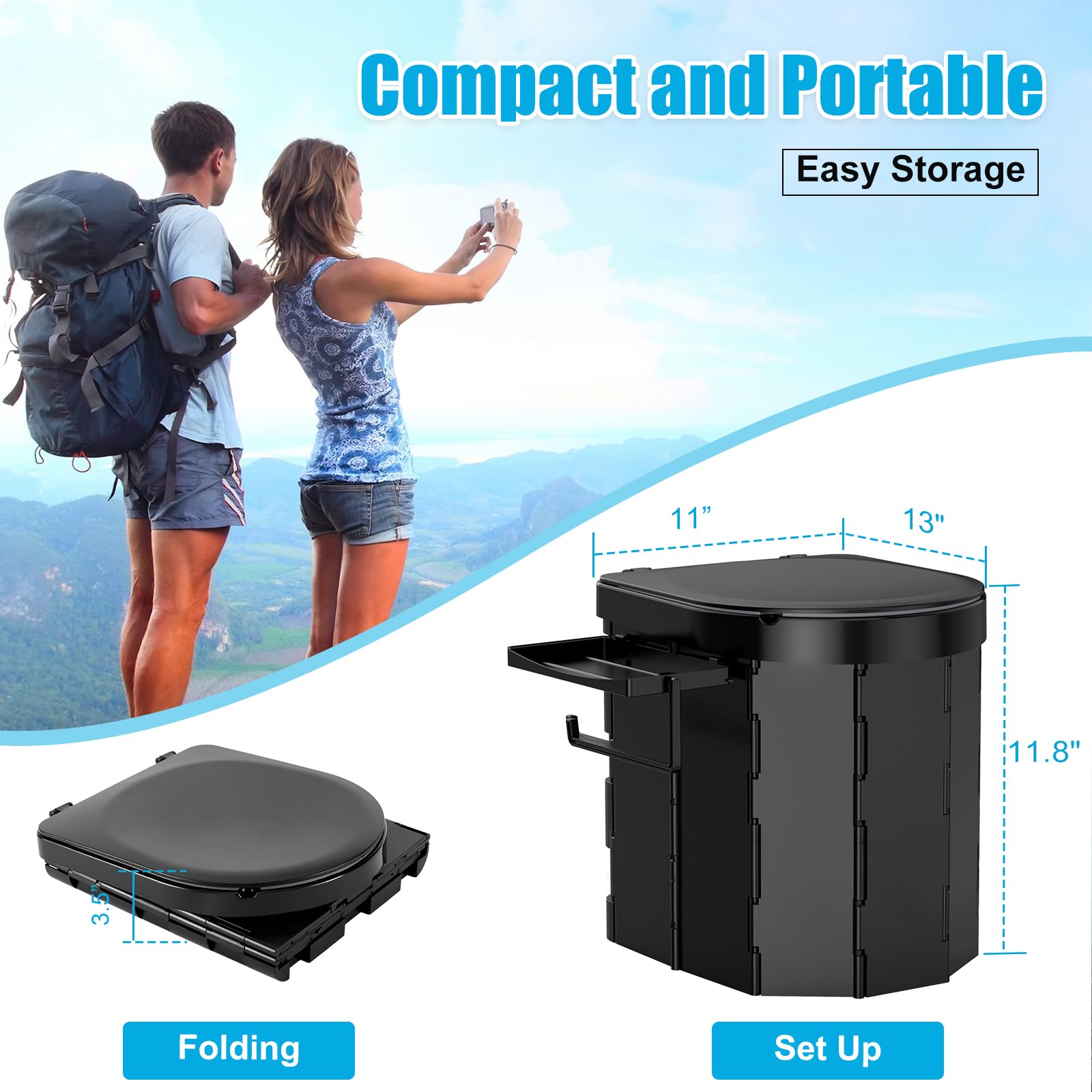 WADEO WC da Campeggio aggiornato, Portatile per Adulti, Pieghevole con Coperchio e portarotolo, Perfetto per Viaggio, Auto (Sedile morbido - Porta telefono)