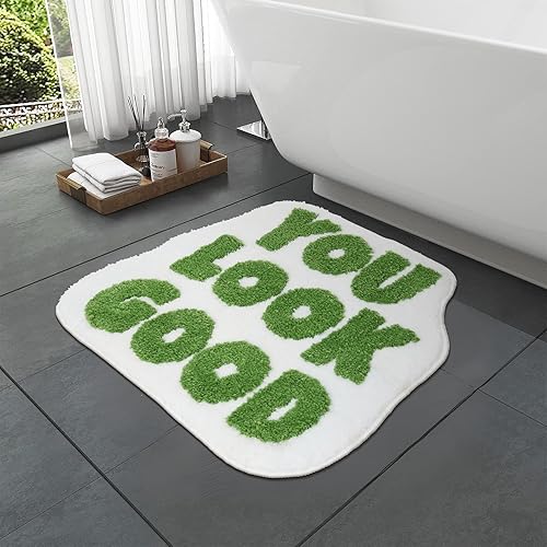 Lukinbox You Look Good - Tapetes de baño verdes, súper suaves y absorbentes, para baño, lujosos, pequeños, divertidos, antideslizantes, lavables, de