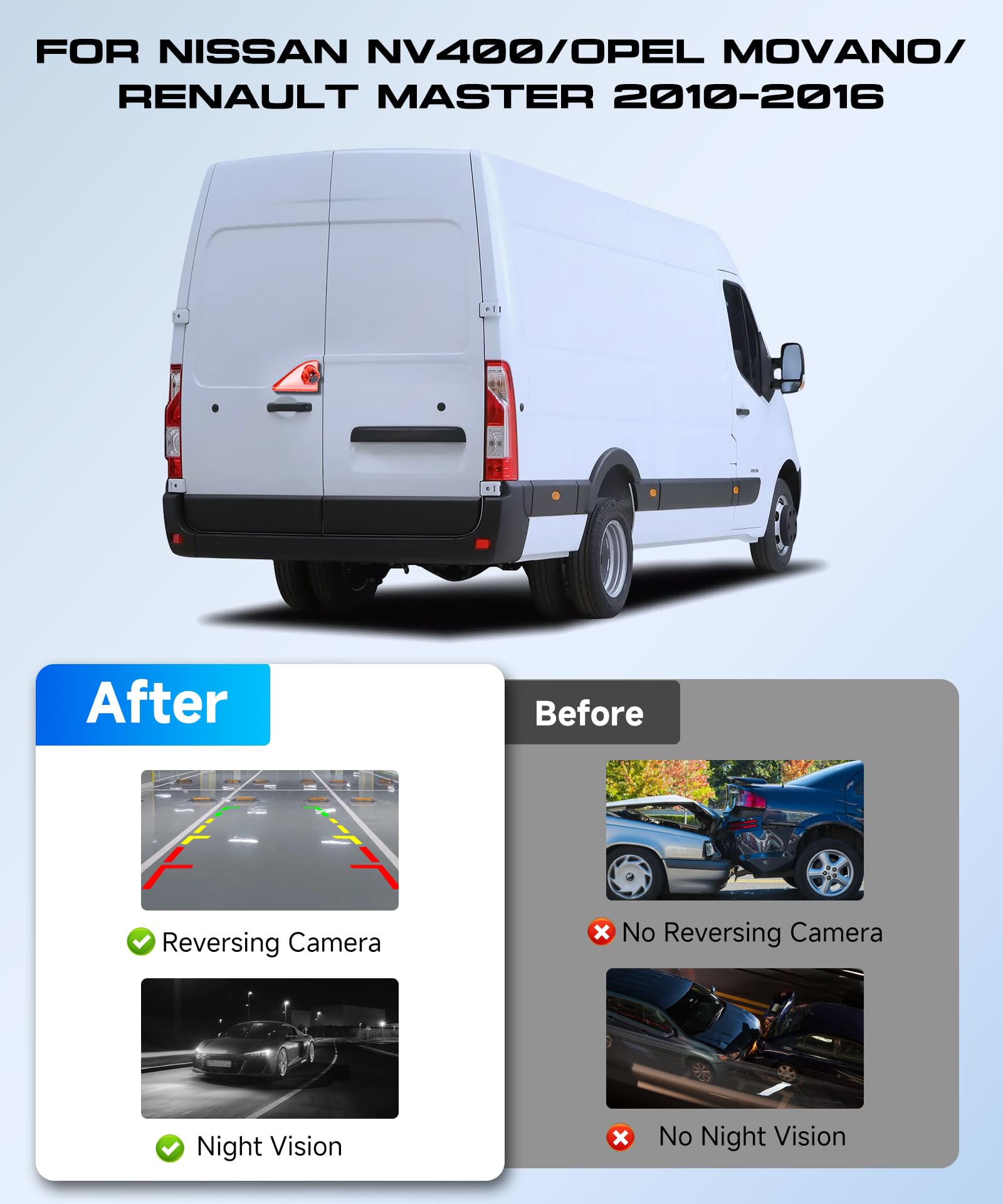 VECHTEL Cámara de Marcha atrás para Furgoneta con luz de Freno, cámara de Marcha atrás con visión Nocturna de 720P para Nissan NV400/Opel Movano/Renault Master 2010-2016,Gran Angular de 140°