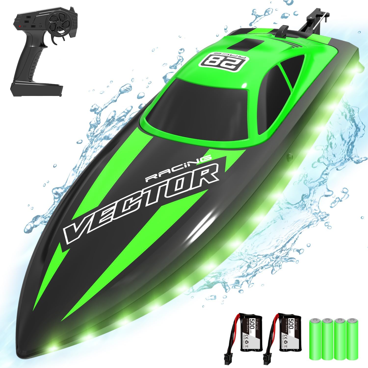 VOLANTEXRC RC Boat 20MPH Fast Remote Control Boat for Adults 2.4Ghz Toy Boat for Pools and Lake with 2 Rechargeable Batteries Toys Gifts for Boys Girls, Green