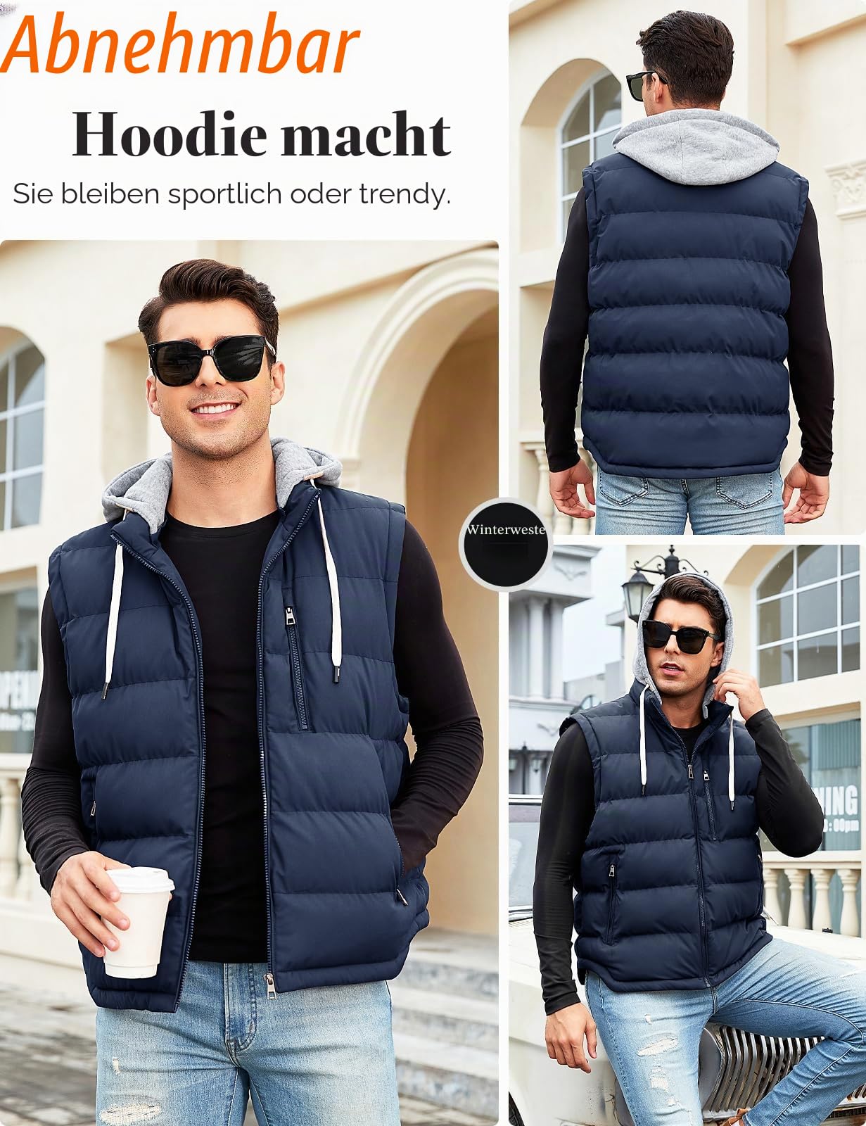 CMTOP Weste Herren mit Kapuze Wasserabweisend Steppweste Warme Herren-Westen, Leicht Ärmellose Jacke Winddichte Winterweste Reißverschluss Bodywarmer Vest Gilet mit Taschen
