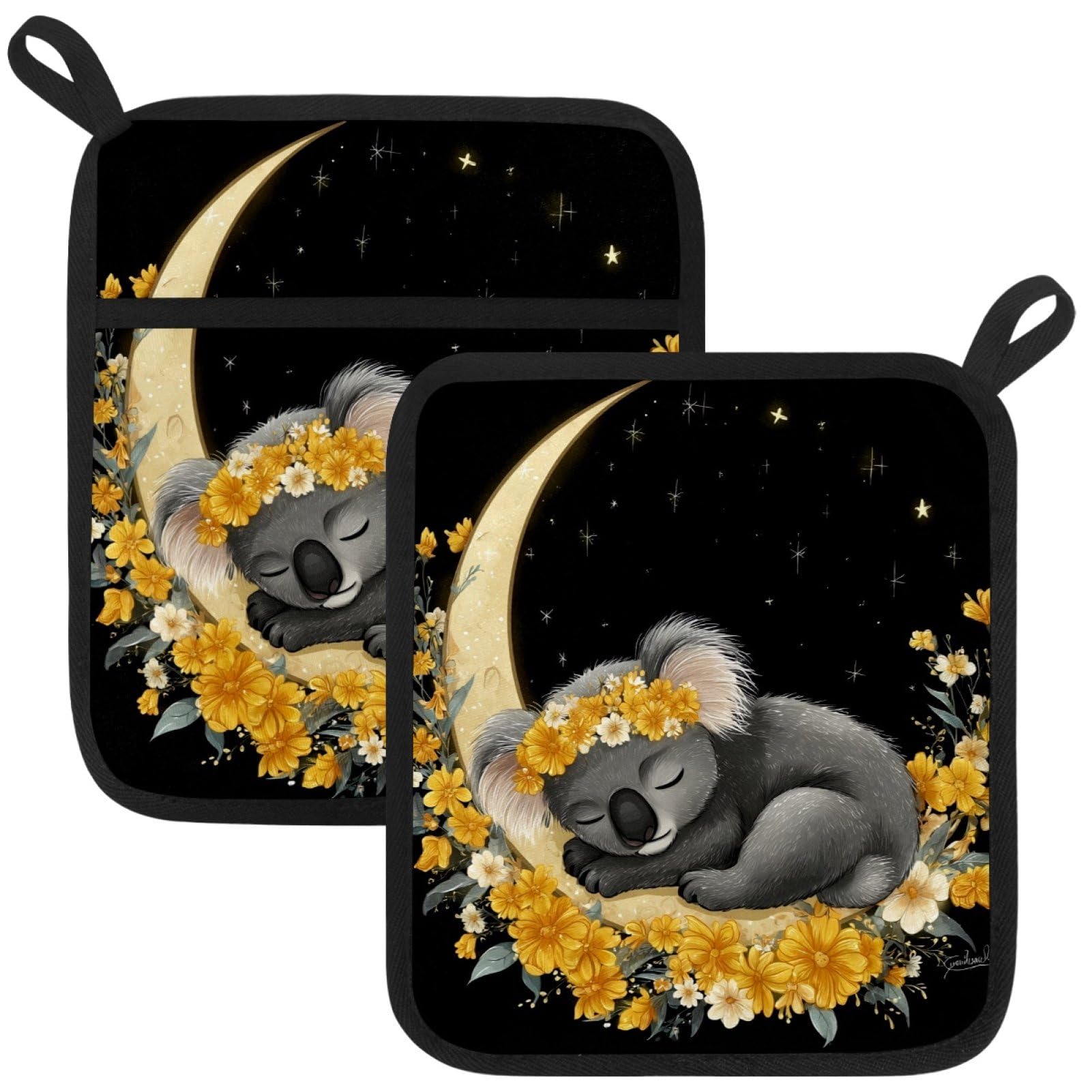 VAPOKF Koala Moon Heat Resistant Pot Holders, Thick Pot Holders Pad with Hanging Loop for Kitchen, Oven Cloth Pads for Kitchen Baking Microwave Oven