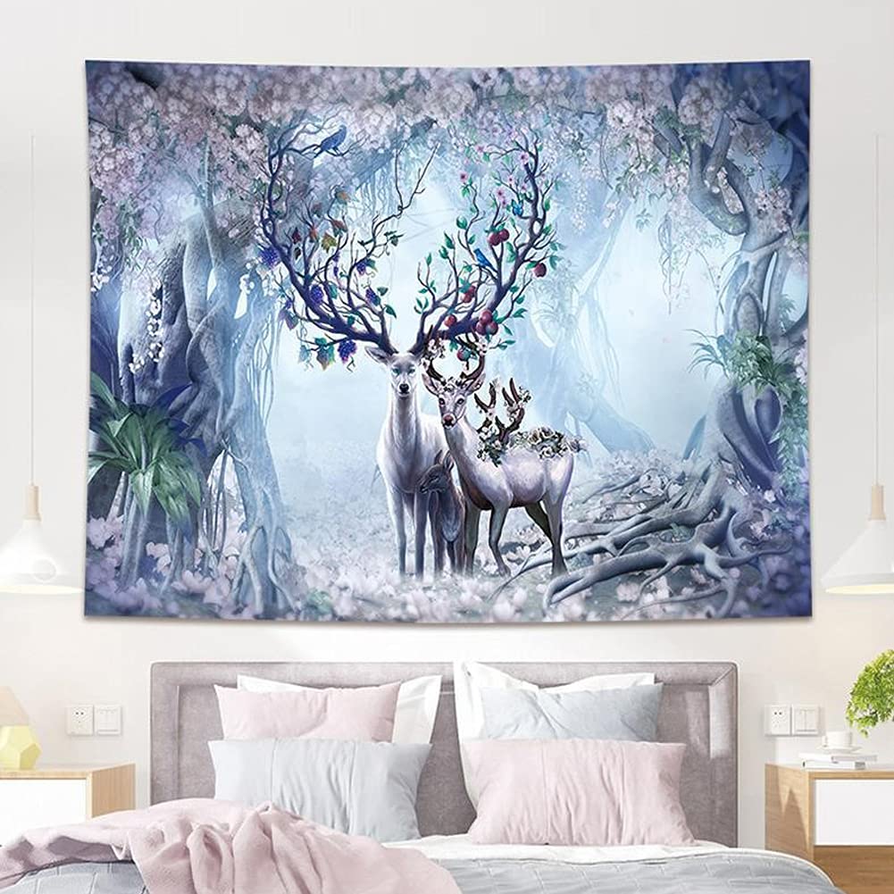 Wonderwall Psychedelic Fairy Tale Deer Tapestry Floral Flower Misty Forest Animal Wall Tapestry, Art Wall Hanging Home Decoration Tapestry for Bedroom Living Room, 78.7x59.1 inch