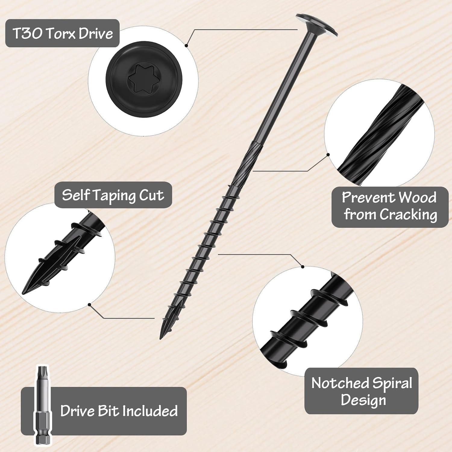 #14×3 Inch Outdoor Wood Screw, 50pcs T30 Star Drive Deck Screws Timber Lag Fence Screws, Rust Resistant Black Ceramic Coating, Torx Bit Included