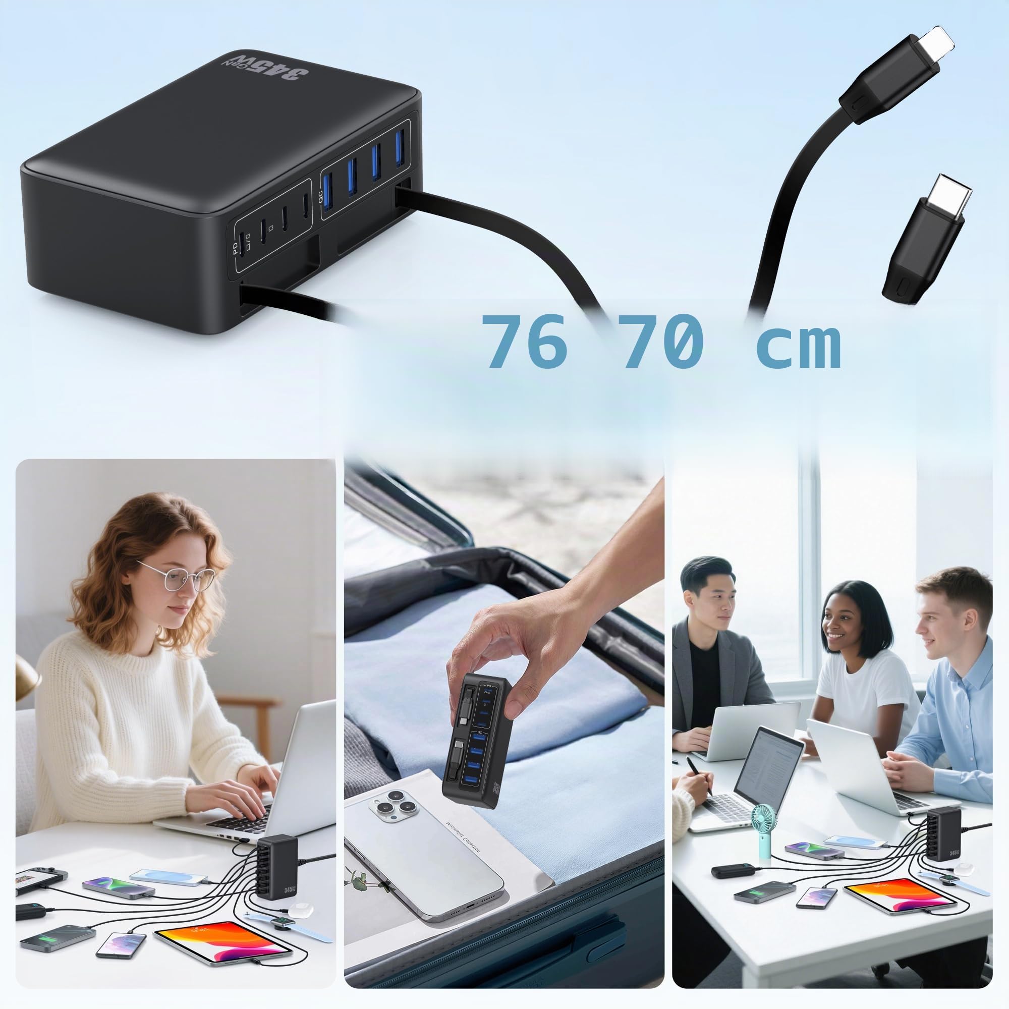 345W Chargeur USB C Multiple avec Câble Rétractable, 10-en-1 GaN VI Tech Prise USB, PD/PPS/QC Chargeur Rapide Multiple Station de Charge pour MacBook Pro/Air, iPhone, i Pad, Sam Sung Tablette etc.