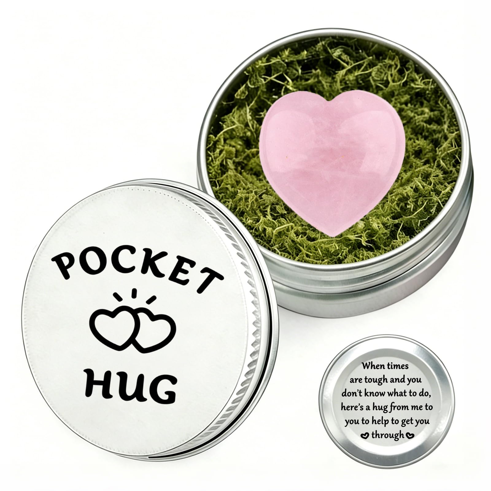 PHIOMUUE Rose Quartz Heart in a Tin – Crystal Gifts with Inspirational Message, Gift in a Tin for Her | Healing Crystal Gifts for Women | Pocket Hug Keepsake for Comfort & Encouragement