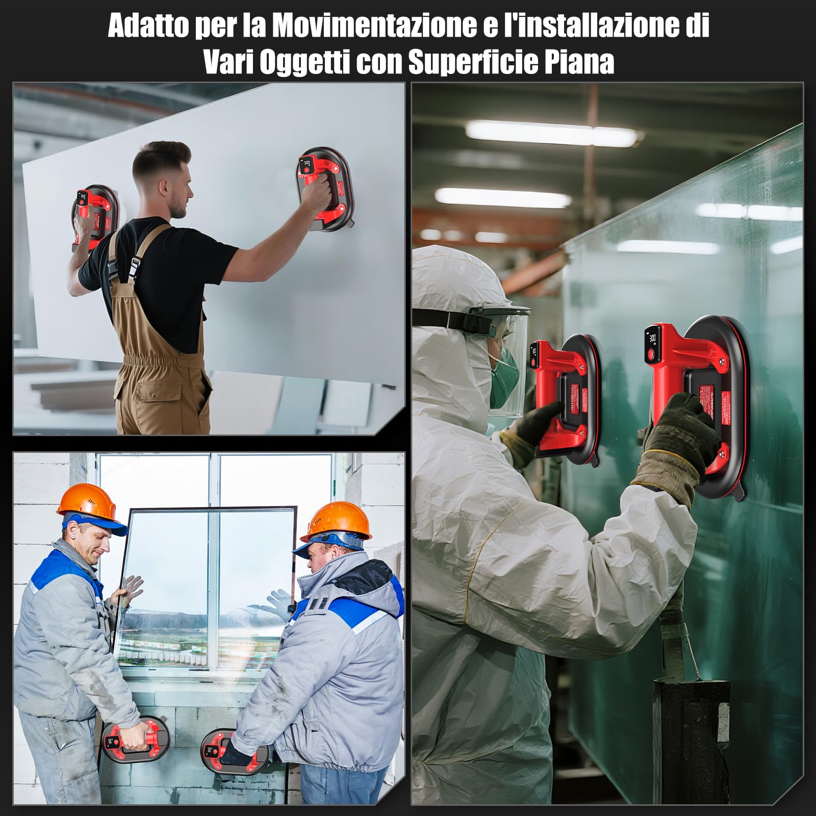 Ventosa per Piastrelle a Batteria, 2 Pezzi SundpeyPRO 10" Ventosa Elettrica con Carico Massimo di 300KG con 4 x 3,0Ah Batterie, Display LCD, Ventose in Vetro per il Sollevamento di Granito e Marmo