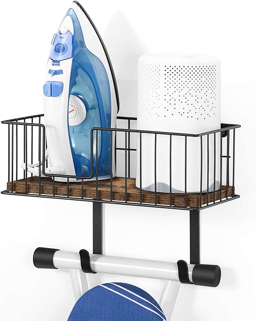 OYEAL Ironing Board Hanger Wall Mount Ironing Board Holder Laundry Room Iron and Ironing Board Storage Organizer with Storage Basket and Metal Hooks for T-Leg and Y-Leg, Black