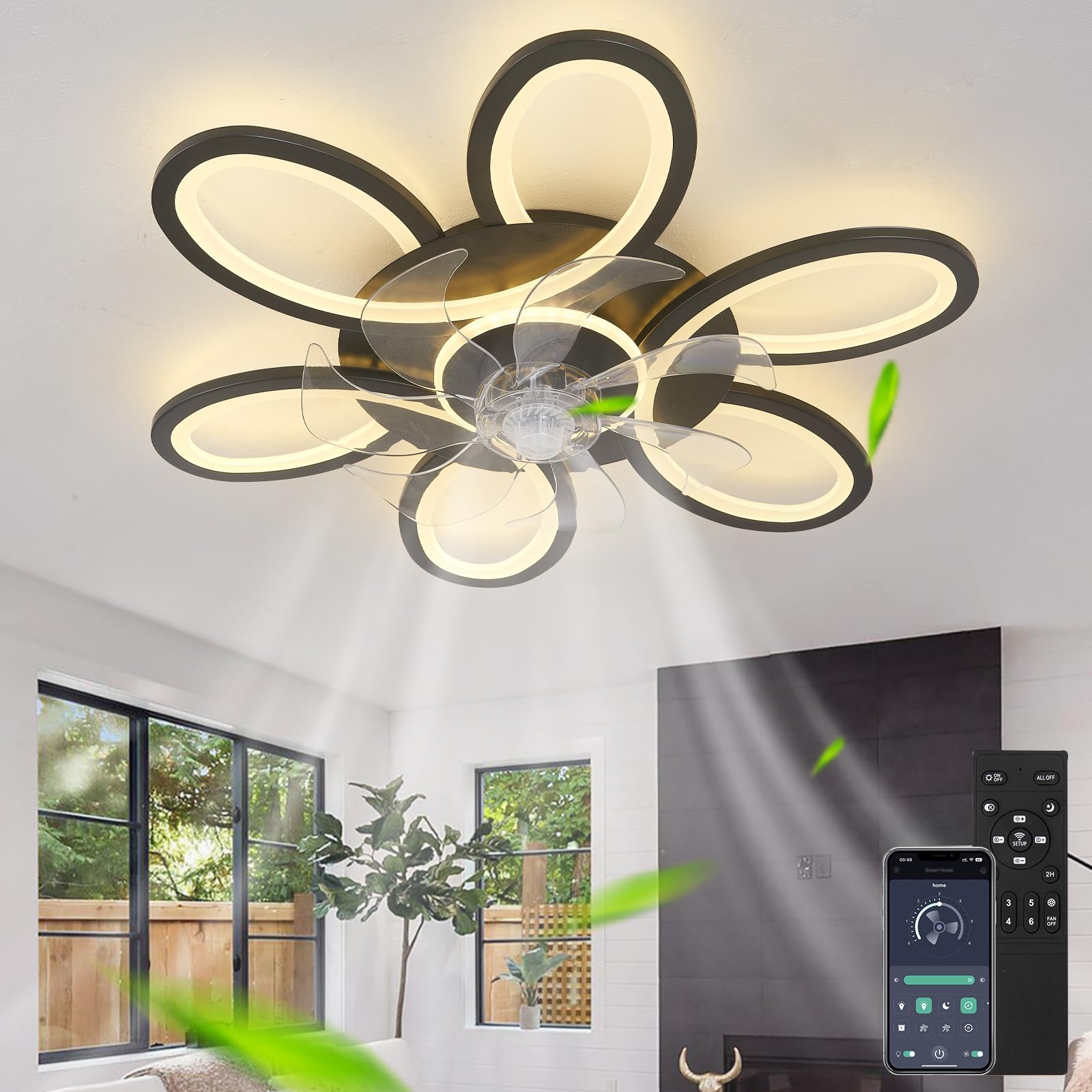 Cucummn 65cm Modern Fan Lights Ceiling for Bedroom, 3000K-6500K Reversible 6 Speed Ceiling Fans with Lamps, Quiet LED Dimmable Ceiling Fans with Lights, Memory Function and Remote Control, Black