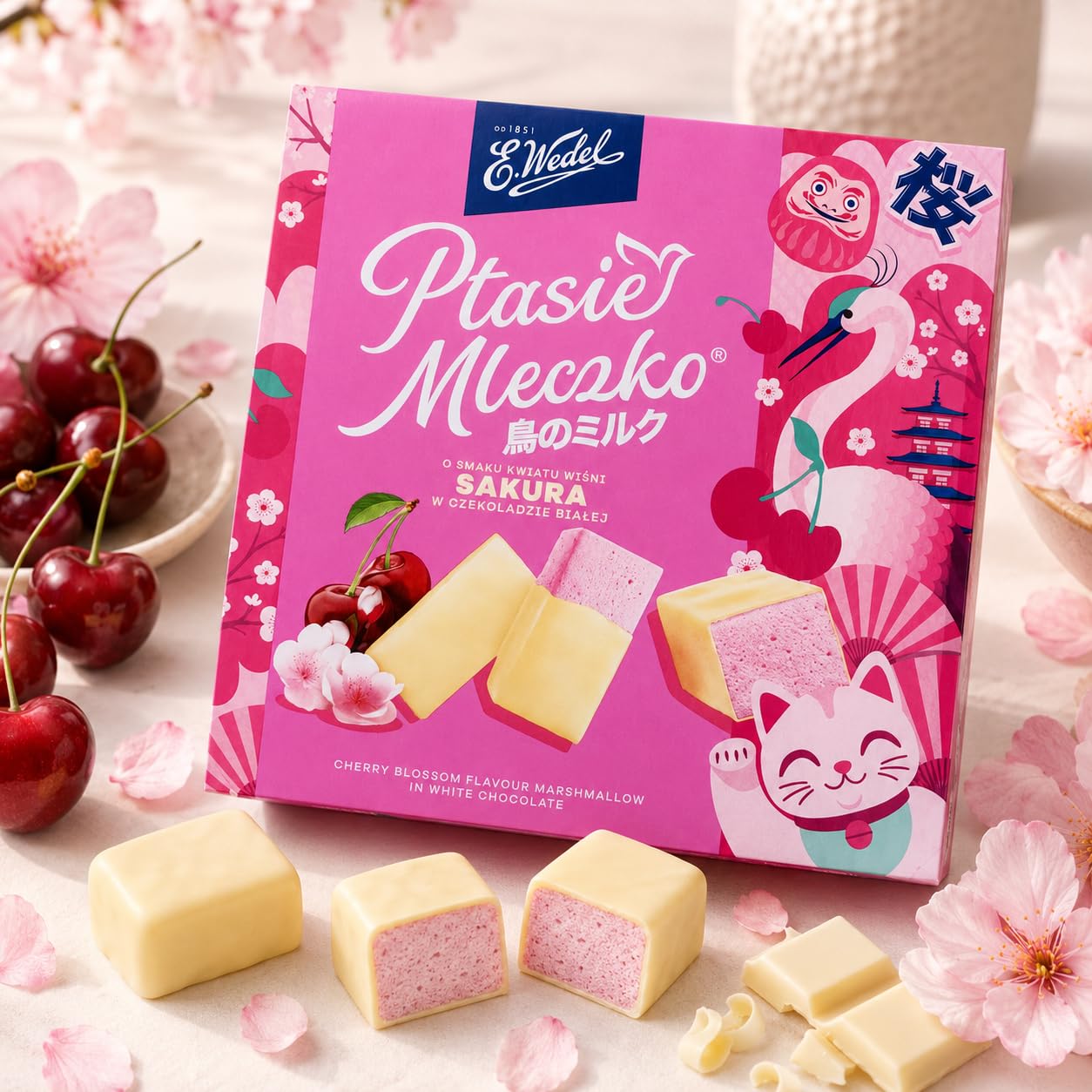 E. Wedel, Limited Sakura Edition Ptasie Mleczko Candy Box, Polish Bird's Milk, Cherry Blossom Flavor Marshmallow in White Chocolate, Imported Polish Candy, 340g/12oz image 5