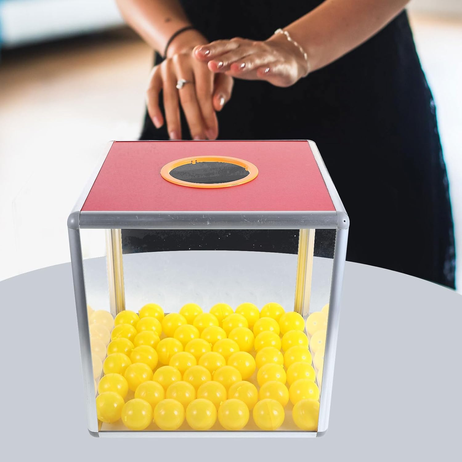 Red Raffle Ticket Box with 30Cm Prize Container and 50 Yellow Raffle Balls, Donation and Voting Storage Case for Party Games and Fundraising Events