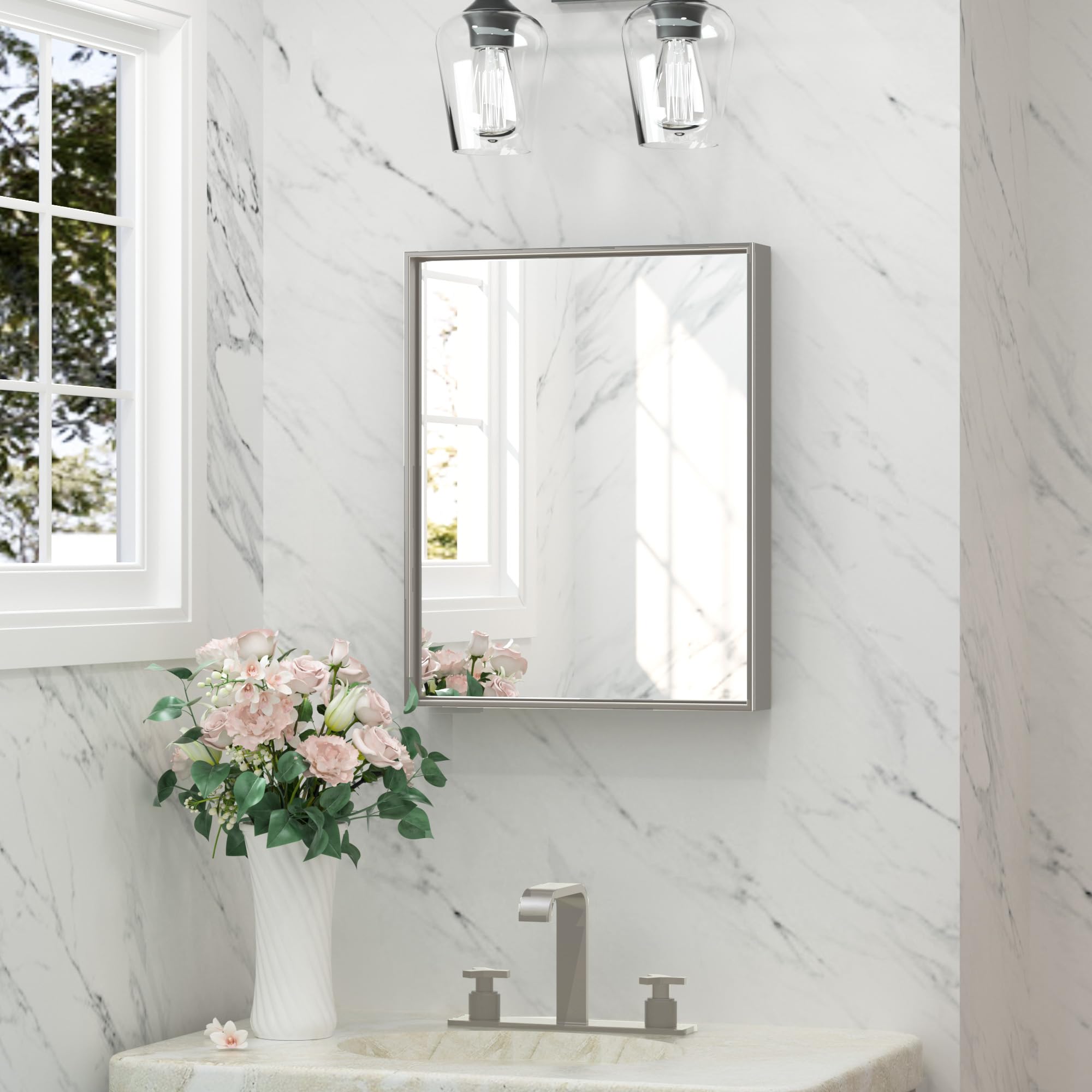 Keonjinn 40x50 Nickel Bathroom Mirror Metal Frame, Rectangular Wall Mirror with Square Corner, Horizontal or Vertical Hanging for Bathroom Vanity, Hallway, Bedroom